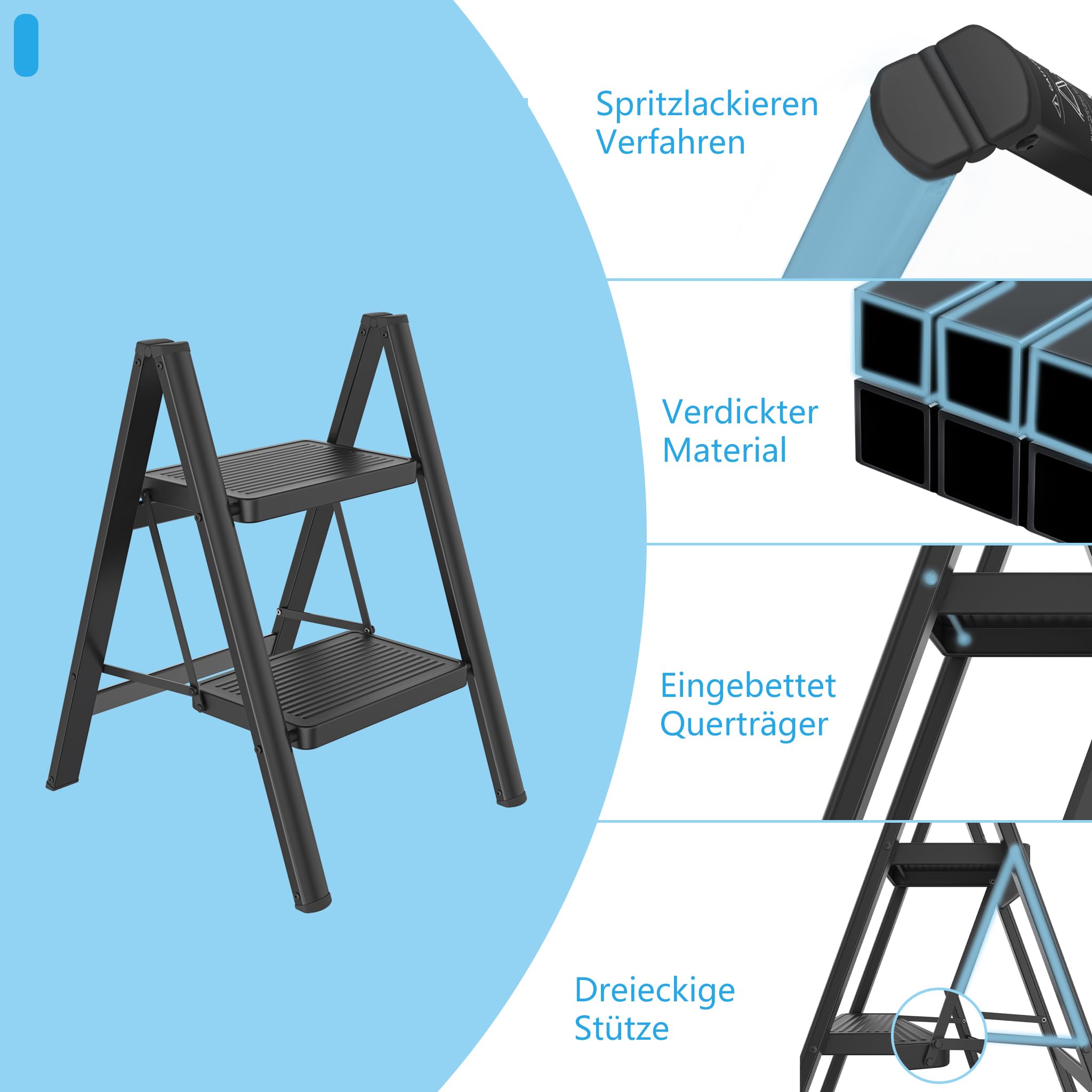 FIVMEN Scaletta a 2 gradini pieghevole, scala pieghevole per la casa con ampio pianale di 30x20 cm, portata fino a 270 kg, nera