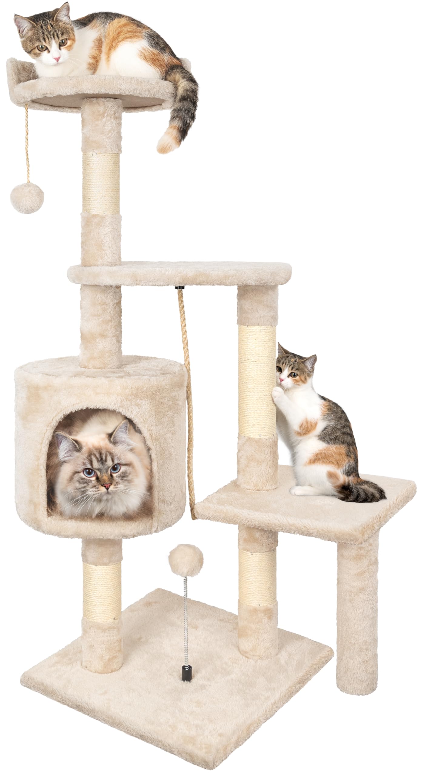 HOMIDEC Cat Tree, 112cm Cat Scratching Post for Indoor Cats, Multi-Level Stable Cats Tower with Sisal Scratching Posts, Plush Toy Balls, Cave, Sisal Rope for Kitten Pets Climbing and Relaxing, Beige