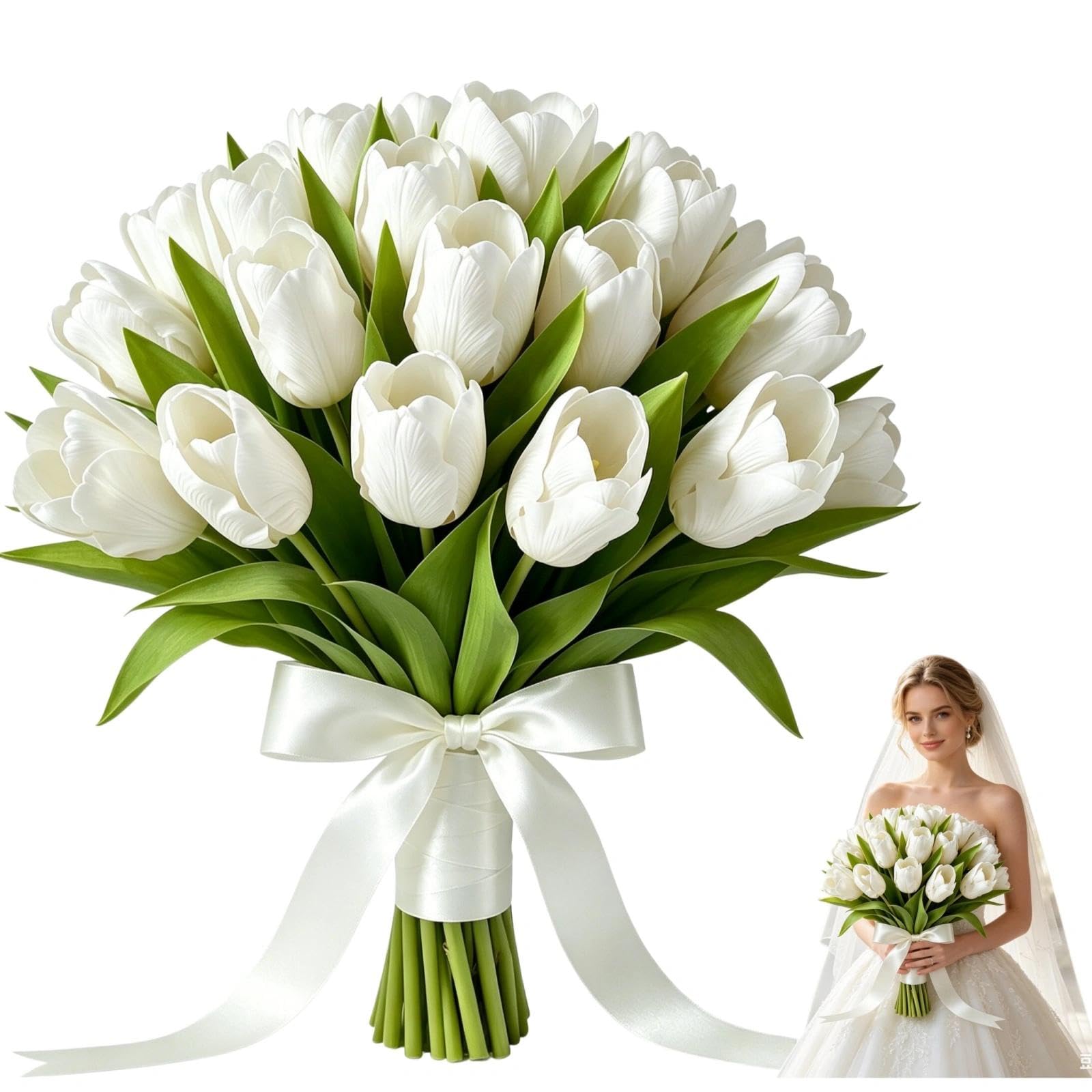 HUANYO Artificial Tulips Flowers 8 Pack, Fake PU Tulip Bouquet for Home Vase Desktop Decor, DIY Wedding Birthday Party Decoration(white)