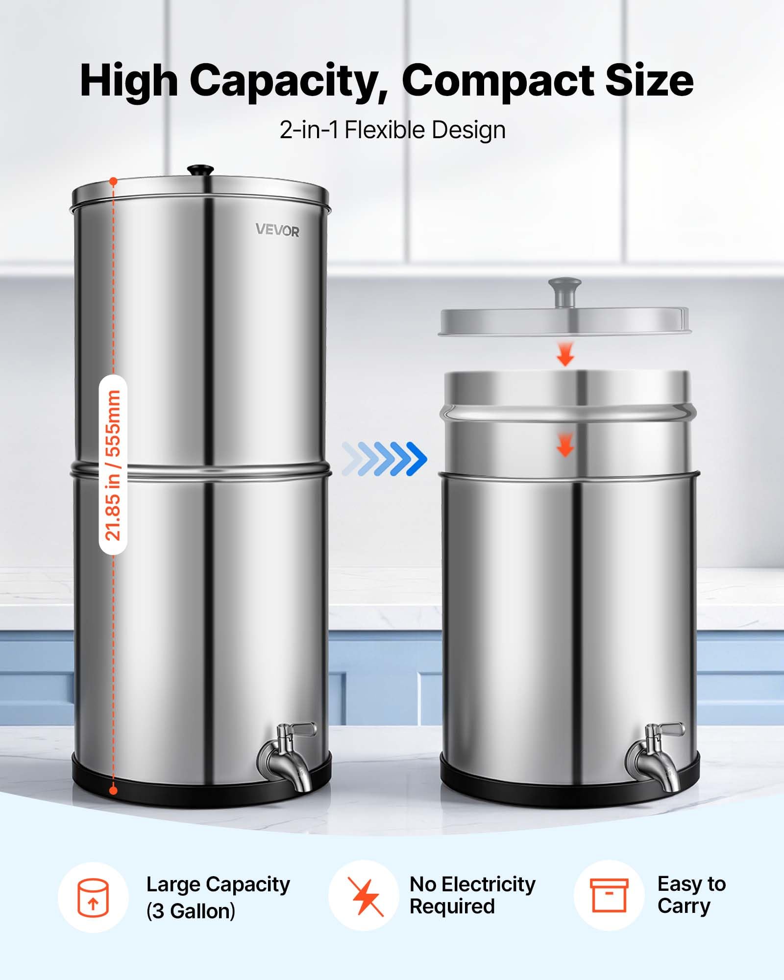 VEVOR Sistema de Filtración de Agua por Gravedad 11,36 L Acero Inoxidable, Reduce el Plomo y Hasta el 99% del Cloro, Con 2 Filtros de Carbón Cerámico, Con Grifo, Para Encimera, Para Hogar, Camping