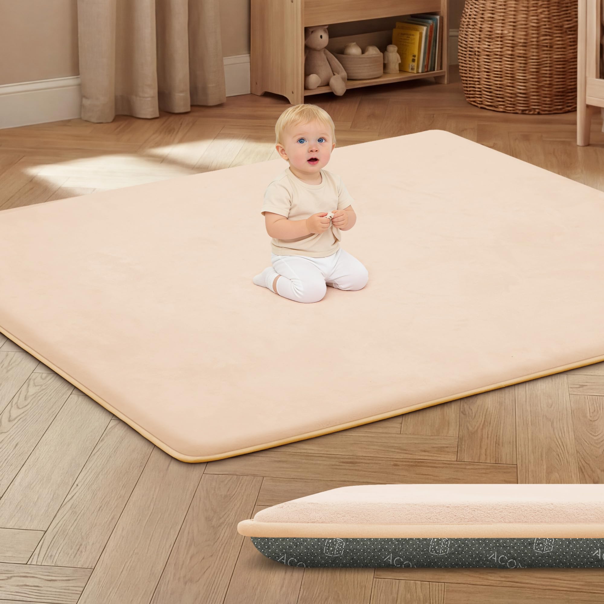 ACOMOPACK Baby Spielmatte aus 3cm dickem Memory-Schaumstoff, 180 x 200cm, Kinder Laufstallmatte für Bauchlage, rutschfeste samtweiche Krabbelmatte (Blush-Rosa, 180 x 200 cm)