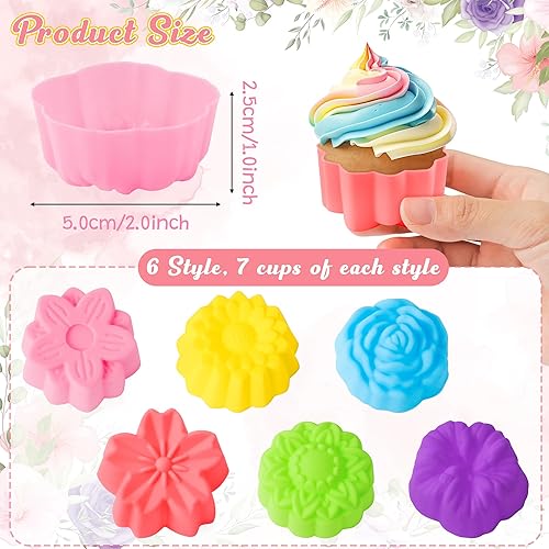 Miniatura 2 de R HORSE Paquete de 42 moldes de silicona para cupcakes con forma de múltiples flores, moldes antiadherentes para hornear muffins, moldes lavables