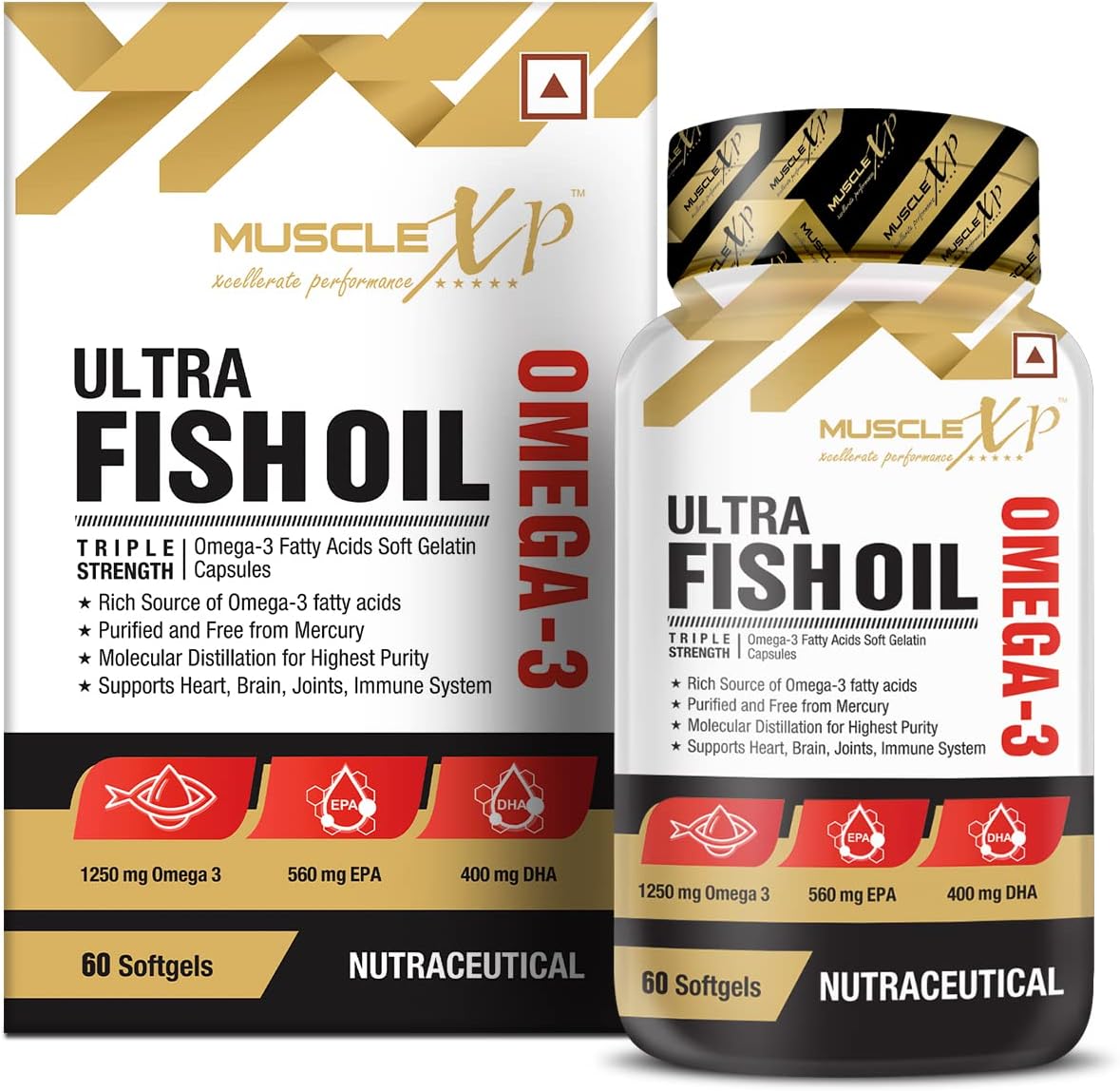 MuscleXP Ultra Fish Oil Triple Strength Omega 3 1250mg (560/400) EPA/DHA,Pack Of 60 Capsules