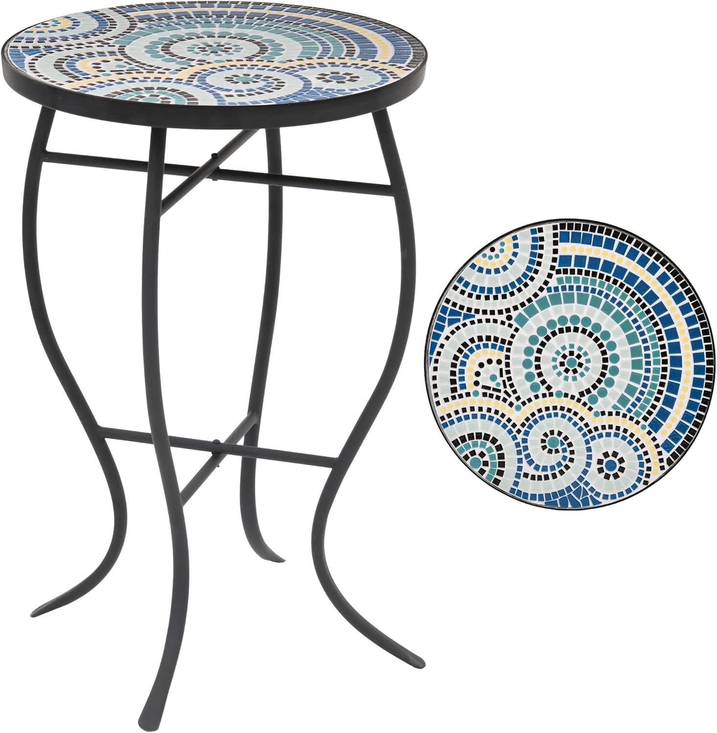 Side Table Outdoor, Mosaic Patio Table Plant Stand, 22" H Iron Coffee End Table,Weather Resistant Tile Top Metal Drink Bar Table for Indoor Garden Balcony Yard Bistro Balcony