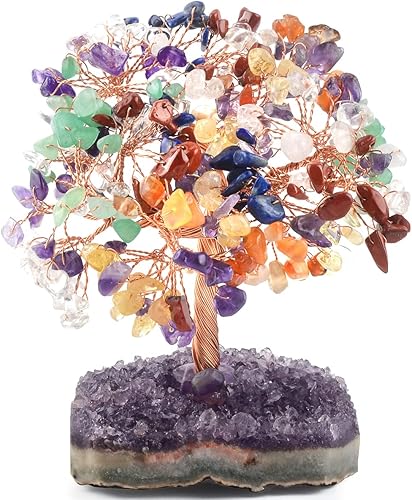 Árbol de cristal de piedras preciosas naturales de 7 chakras, árbol de piedras múltiples con base de racimo de amatista, curativo, Feng Shui,