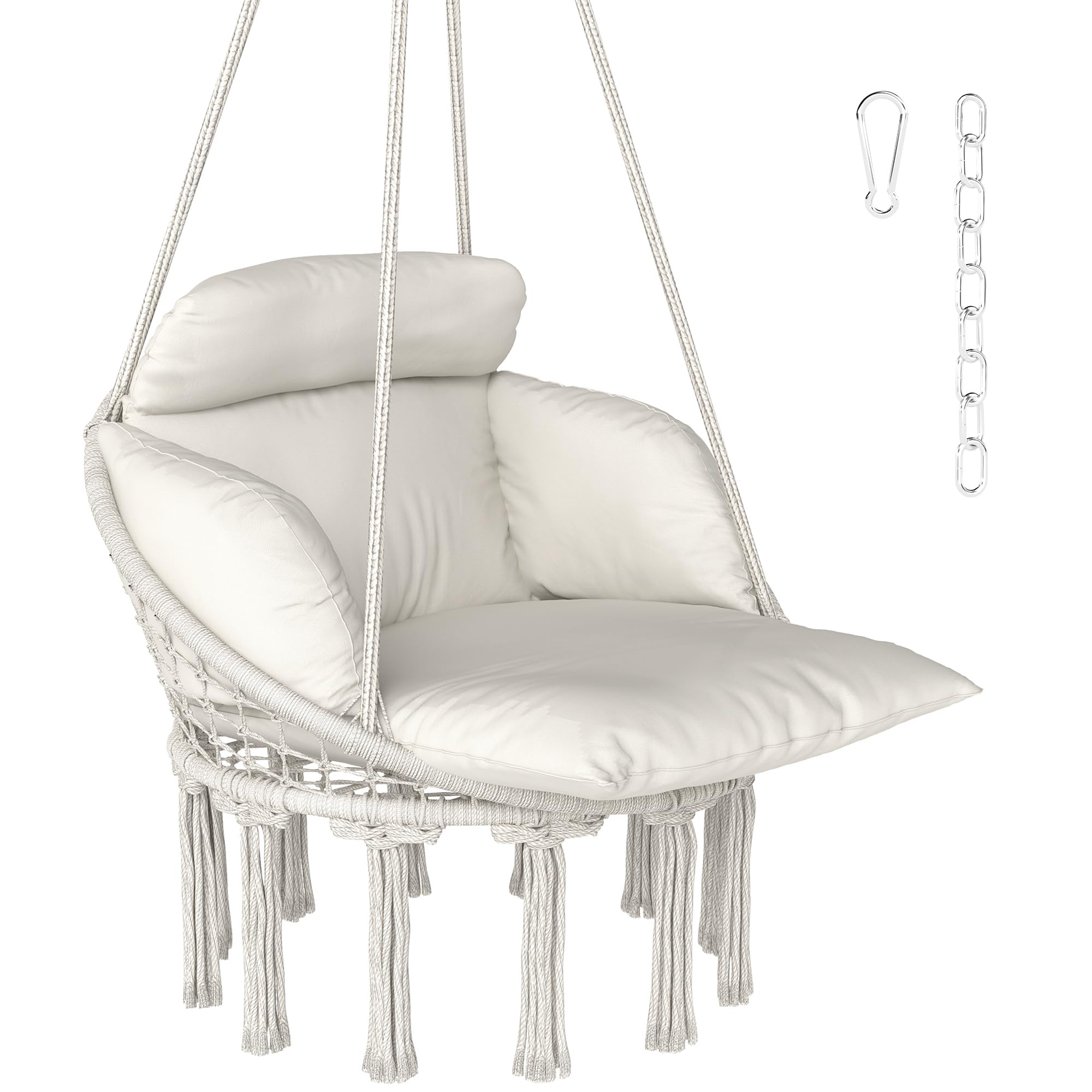 Outsunny Poltrona Sospesa da Esterno in Stile Boho con Frange, Cuscino, Corde e Anelli, Sedia Sospesa da Giardino in Acciaio, Cotone e Poliestere, Portata Fino a 120 kg, 80x60x40 cm, Crema