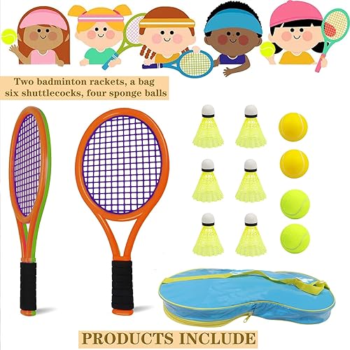 Miniatura 4 de Raqueta de tenis infantil para bebés, niños y niños de 3 a 15 años, juego de raquetas de tenis para niños pequeños que incluye 4 volantes, 2 pelotas