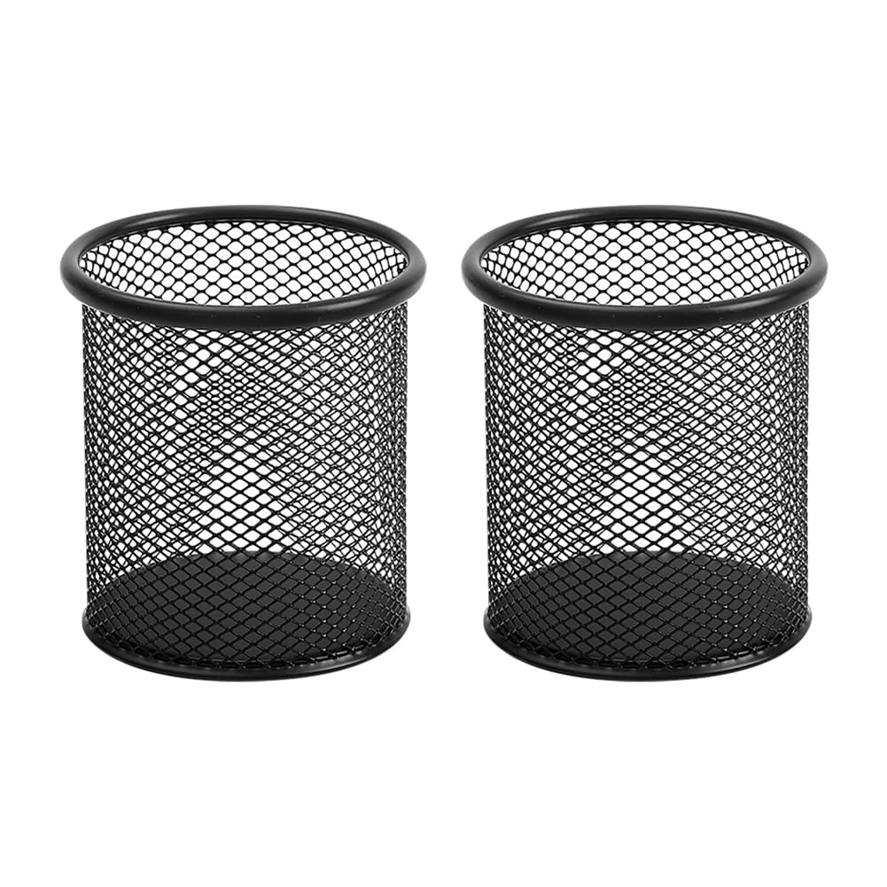 FSSTUD 2 Pcs Metal Mesh Pen Pencil Holder Black Pencil Pots Portable Pen Cup Desk Stationary Organizer Round Makeup Brush Holder for Office Home Classroom