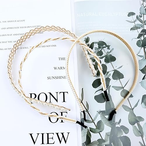 Miniatura 8 de Cinaci 8 piezas decorativas doradas para boda, fiesta de cumpleaños, graduación, diadema de perlas artificiales con cuentas brillantes, accesorios