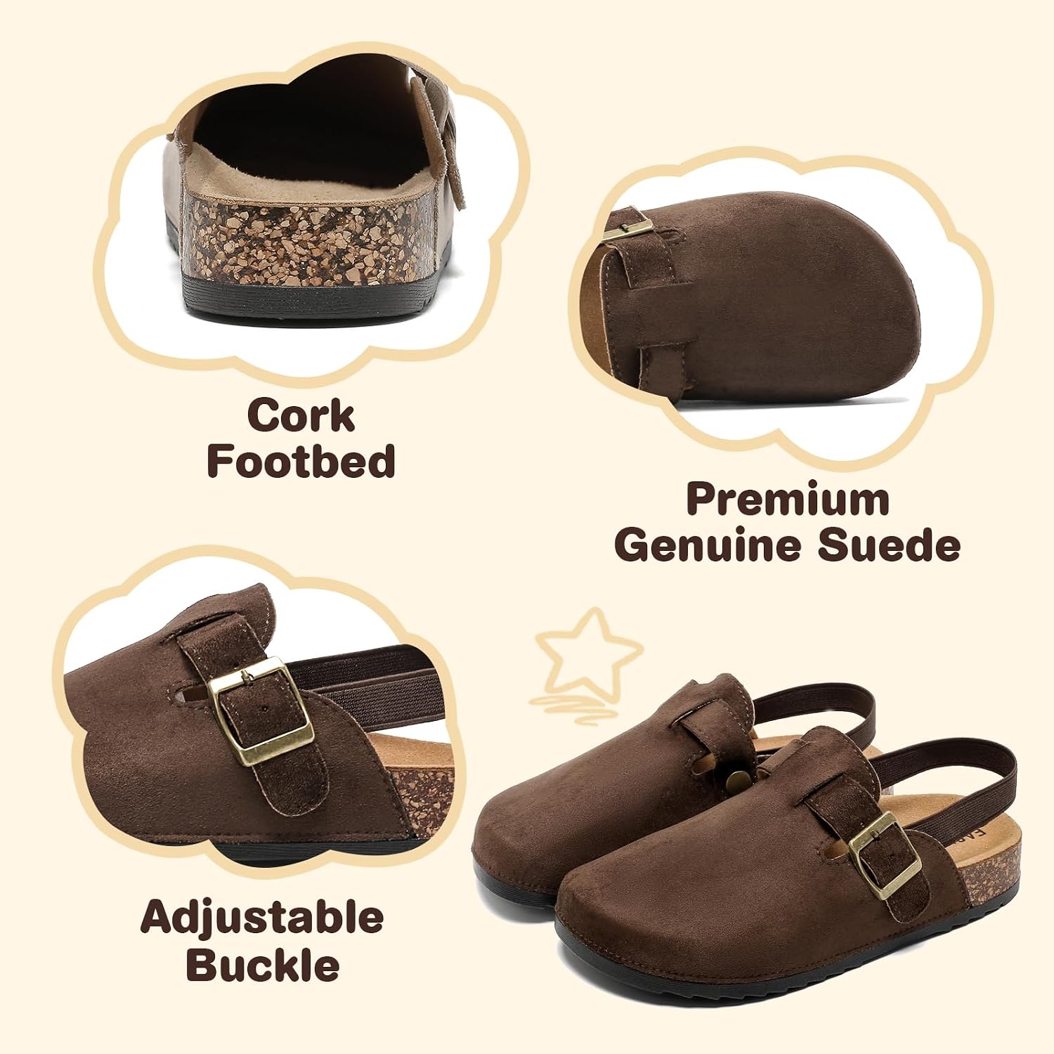 Kids Suede Clogs with Back Strap, Cork Footbed Clogs with Comfort Memory Foam Insole Arch Support Non-Slip Mules Slippers Sandals for Boys Girls Toddlers