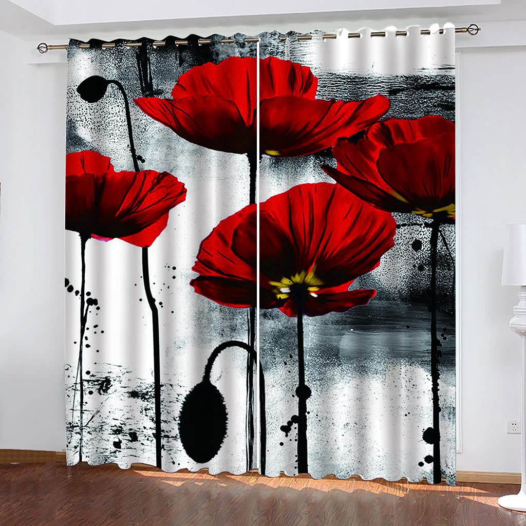 Cortinas Infantiles Moderno 3D Flores Rojas Cortinas Opacas De Habitación Niño Niña, 2 Piezas 250x200 Cm con Ojales para Ventanas Salon Dormitorio, Cortina Opaca Termica Aislante