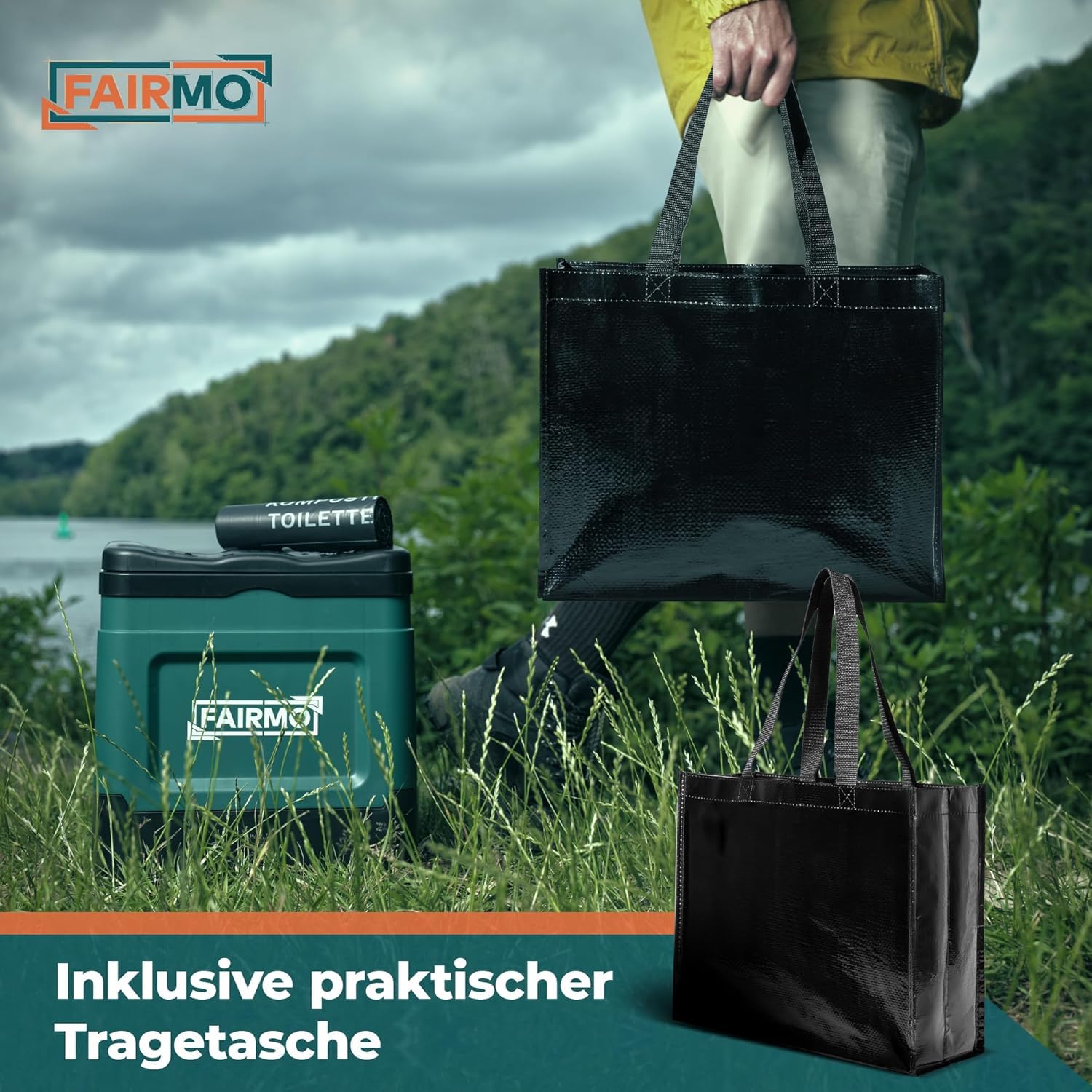 FAIRMO Die kompakte Campingtoilette faltbar - Camping ohne Chemie - Mobile Toilette Campingklo mit Deckel - Unterwegs, Festival, Notfall