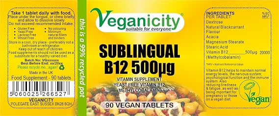 B12 500µg Sublingual (Blackcurrant Flavour) : Vitamin B12 Supplement : 90 Tablets, in a Planet-Friendly 99% Recycled Pot