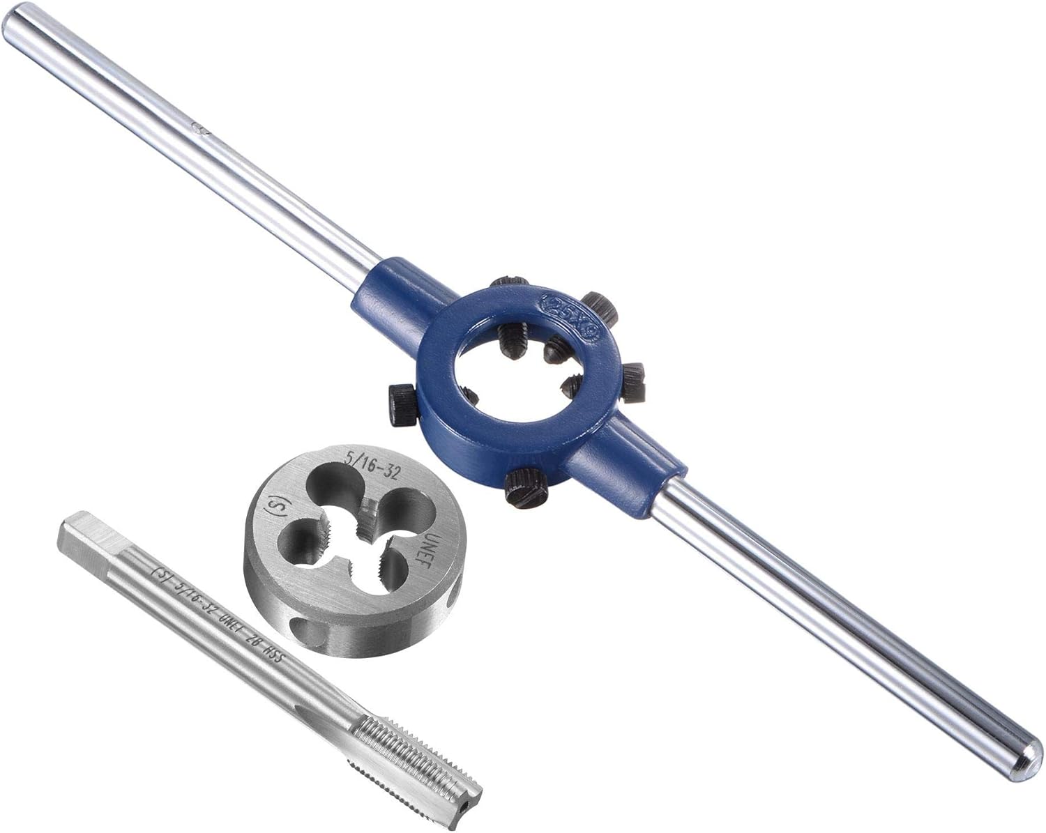 uxcell 5/16-32 UNEF Tap and Die Set with 25mm Round Die Stock Handle Wrench, High Speed Steel Machine Thread Tap and Round Die Threading Tool