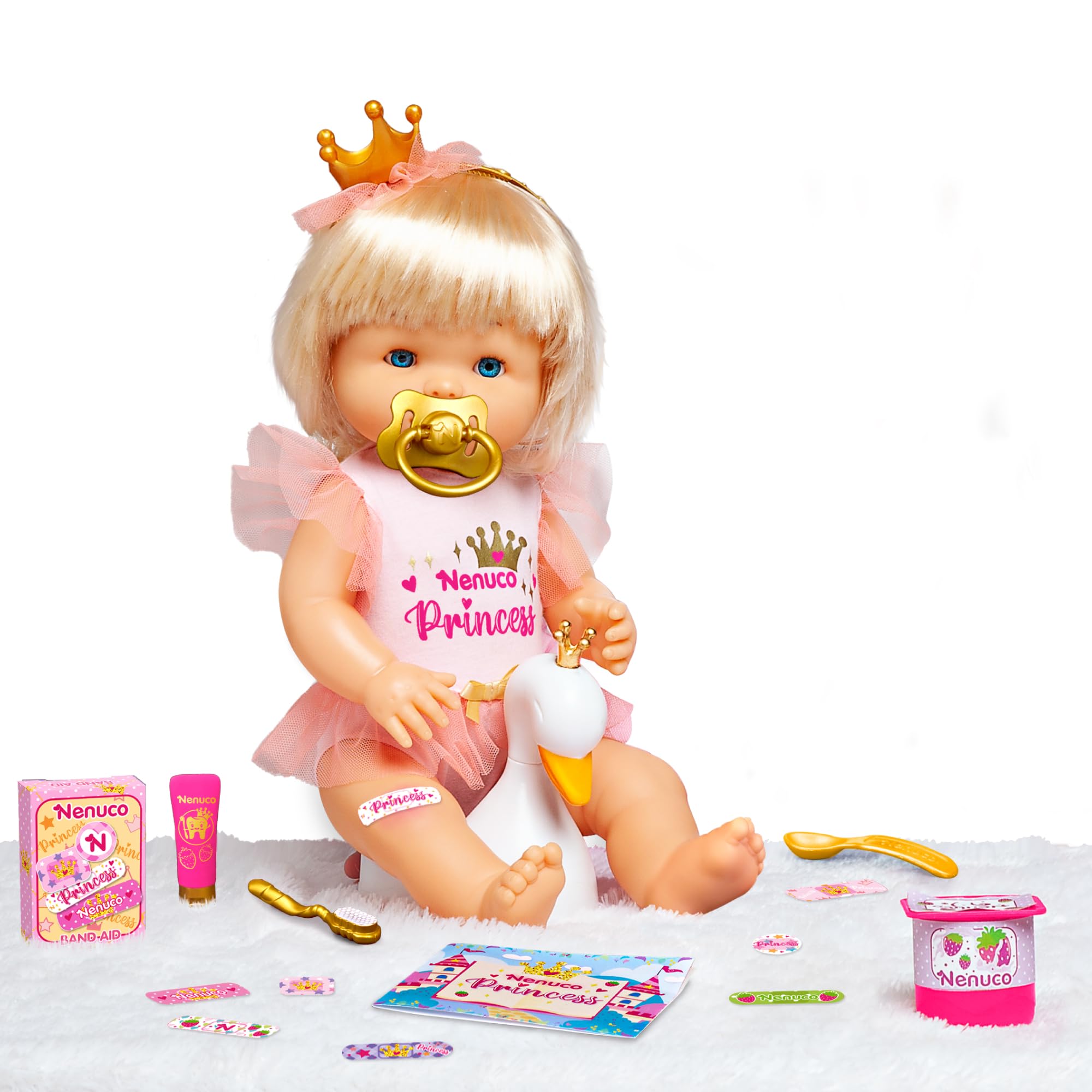 Nenuco - Księżniczka, 42 cm blond włosy lalka, nosi ubrania i koronę księżniczki, 11 funkcji i 10 akcesoriów pielęgnacyjnych do zabawy, 2 lata, sławna (NFN61000)