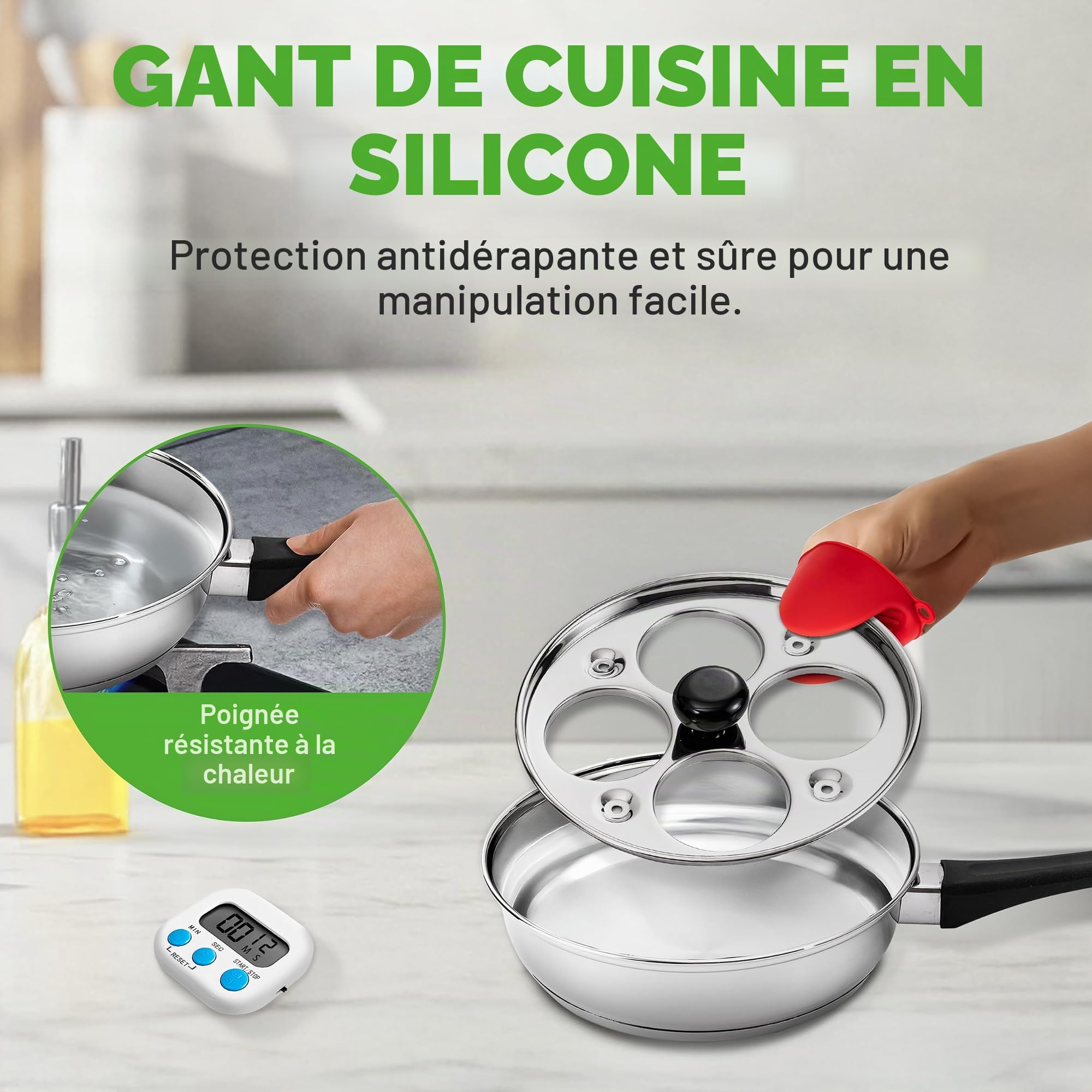 NutriChef Poêle à Œufs Pochés 4 Moules en Inox 20 cm – Cuiseur à Œufs Antiadhésif avec Couvercle en Verre, Minuterie et Accessoires, Compatible Induction, Gaz et Électrique, Pour Œufs Pochés Parfaits