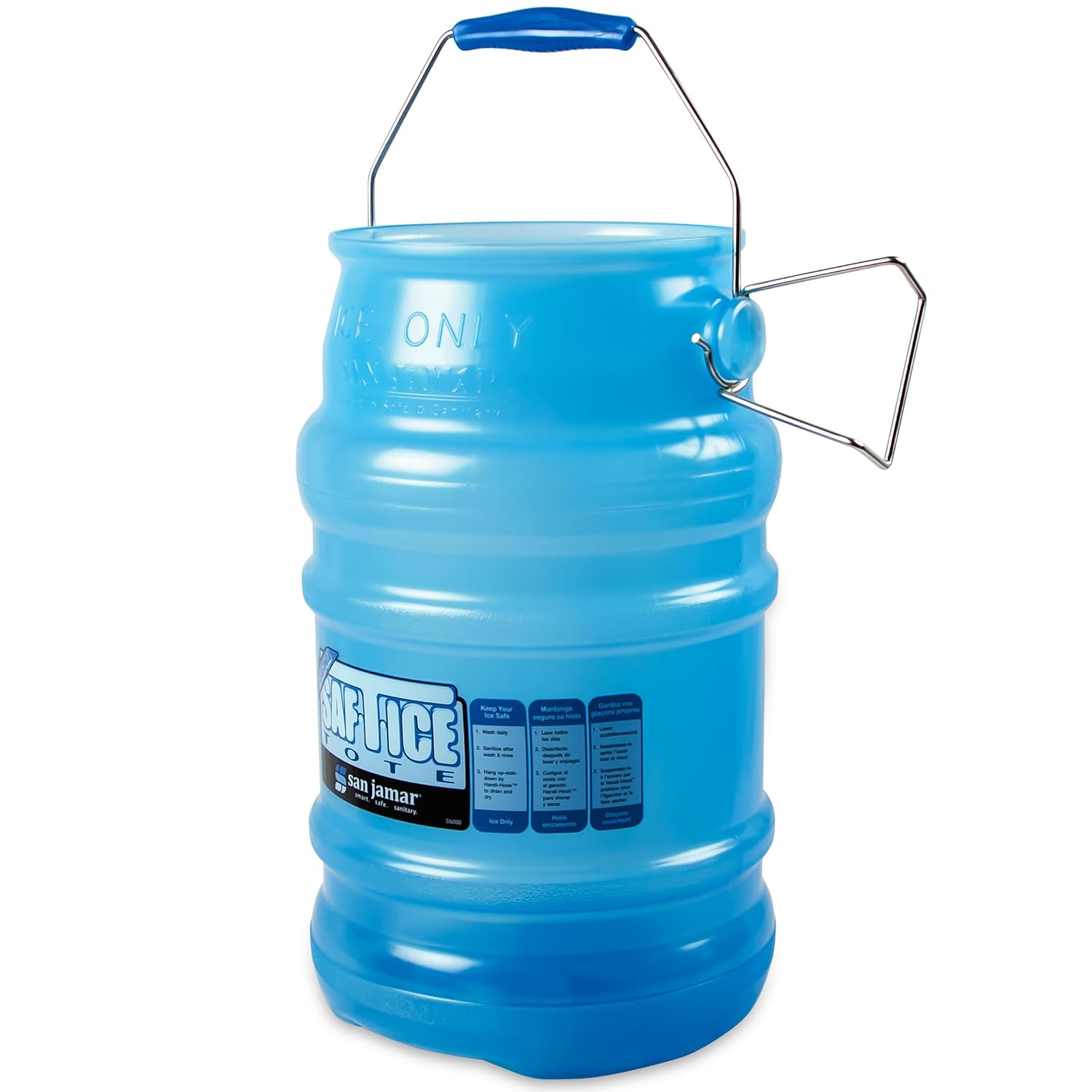 san jamar saf-t-ice bpa free ice tote with ice machine hanger for bars, restaurants, kitchens, and fast food, polycarbonate, 6 gallons, blue 6 gallons pack of 1, bpa free