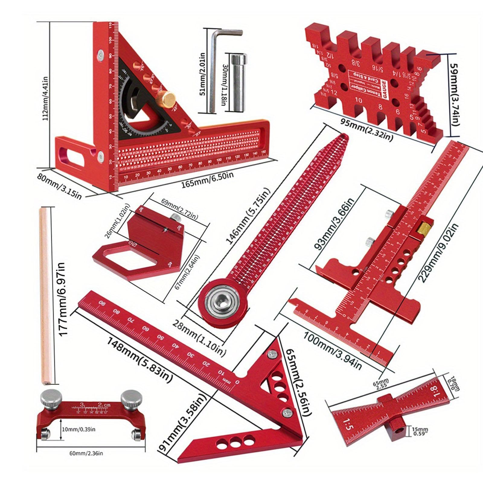 Set di Righelli per La Lavorazione Del Legno, Calibro Multiuso, Strumento di Misurazione Portatile per La Casa, Ideale per Appassionati di Ingegne, 9 Pezzi