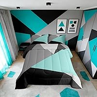 Vista 16 de Erosebridal - Juego de edredón con rayas rojas y negras tamaño Queen, juego de ropa de cama con diseño geométrico y estampado de patchwork en blanco