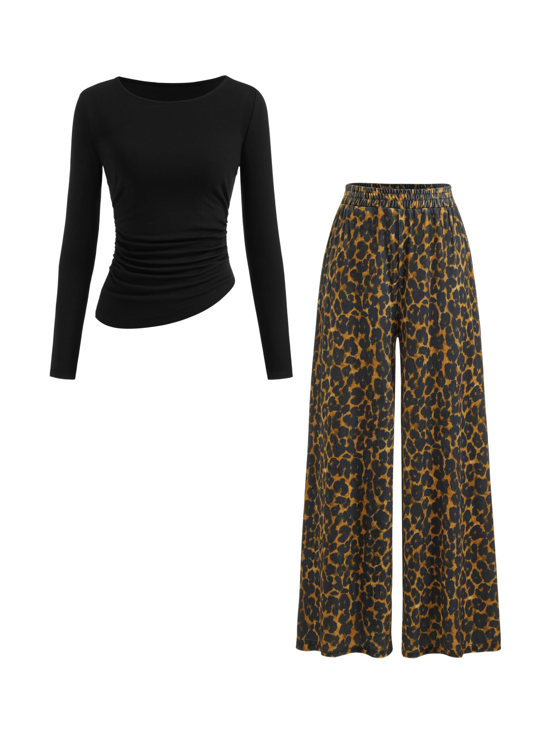 CIDER Womens Leopard Print Wide Leg Pants High Waist Casual Trousers