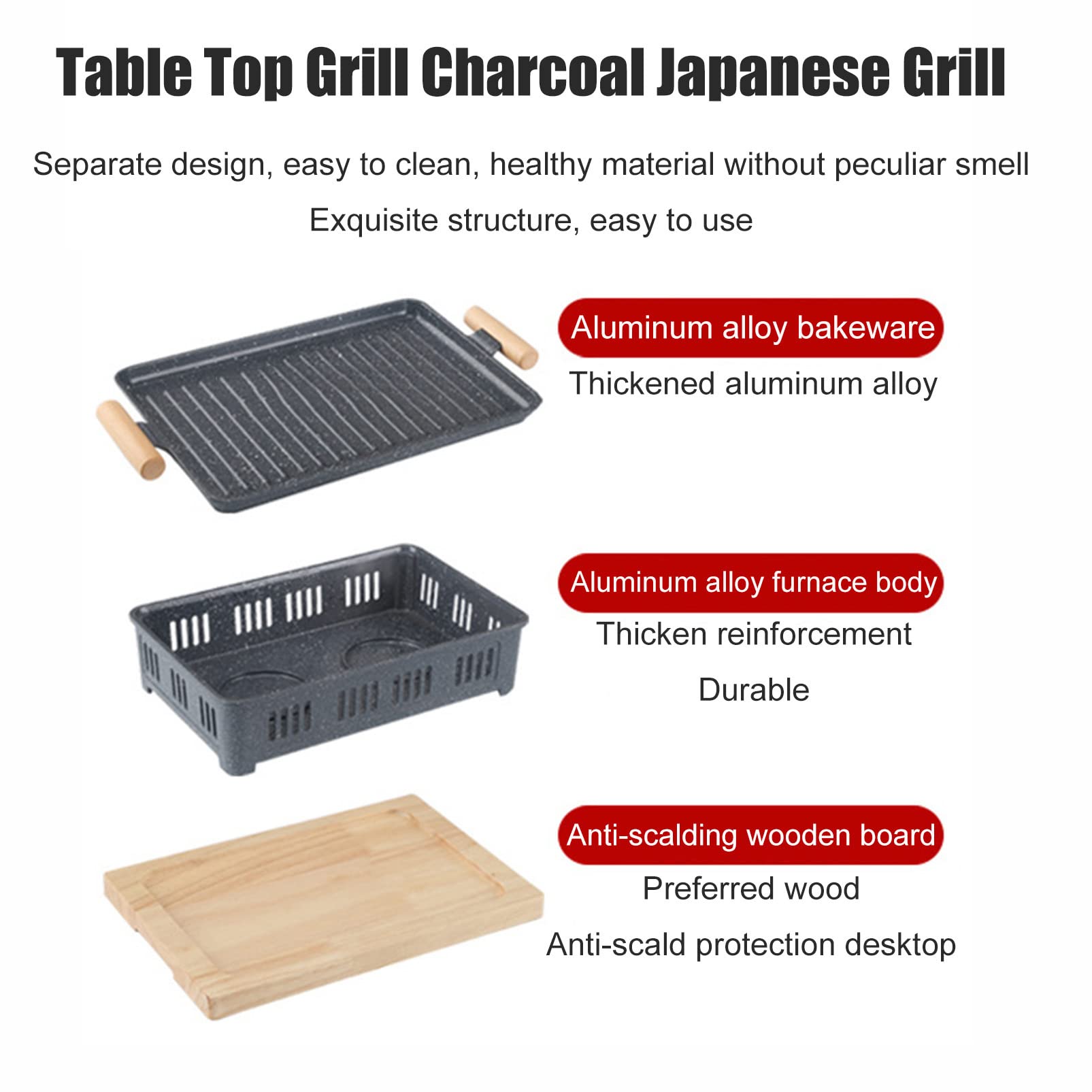 Home/Hotel Griglia per Barbecue Coreana Stufa ad Alcool, Griglia Hibachi da Tavolo in Alluminio pressofuso con Base in Legno e Supporto per Carburante, Griglia da Campeggio Portatile Pentole per Arr