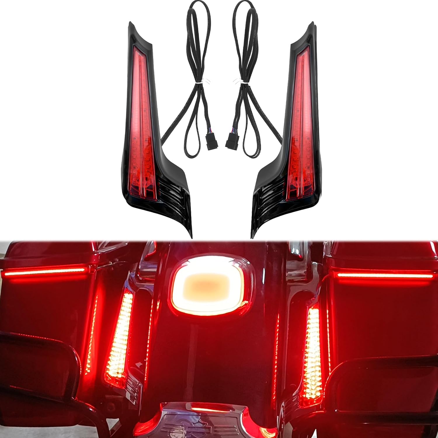 Motorcycle Rear Fender LED Filler Panel Lights with Turn Signals Running and Brake Light Fit for Harley Touring Road Glide Road King Street Glide 2014-2023 (Red Lens)