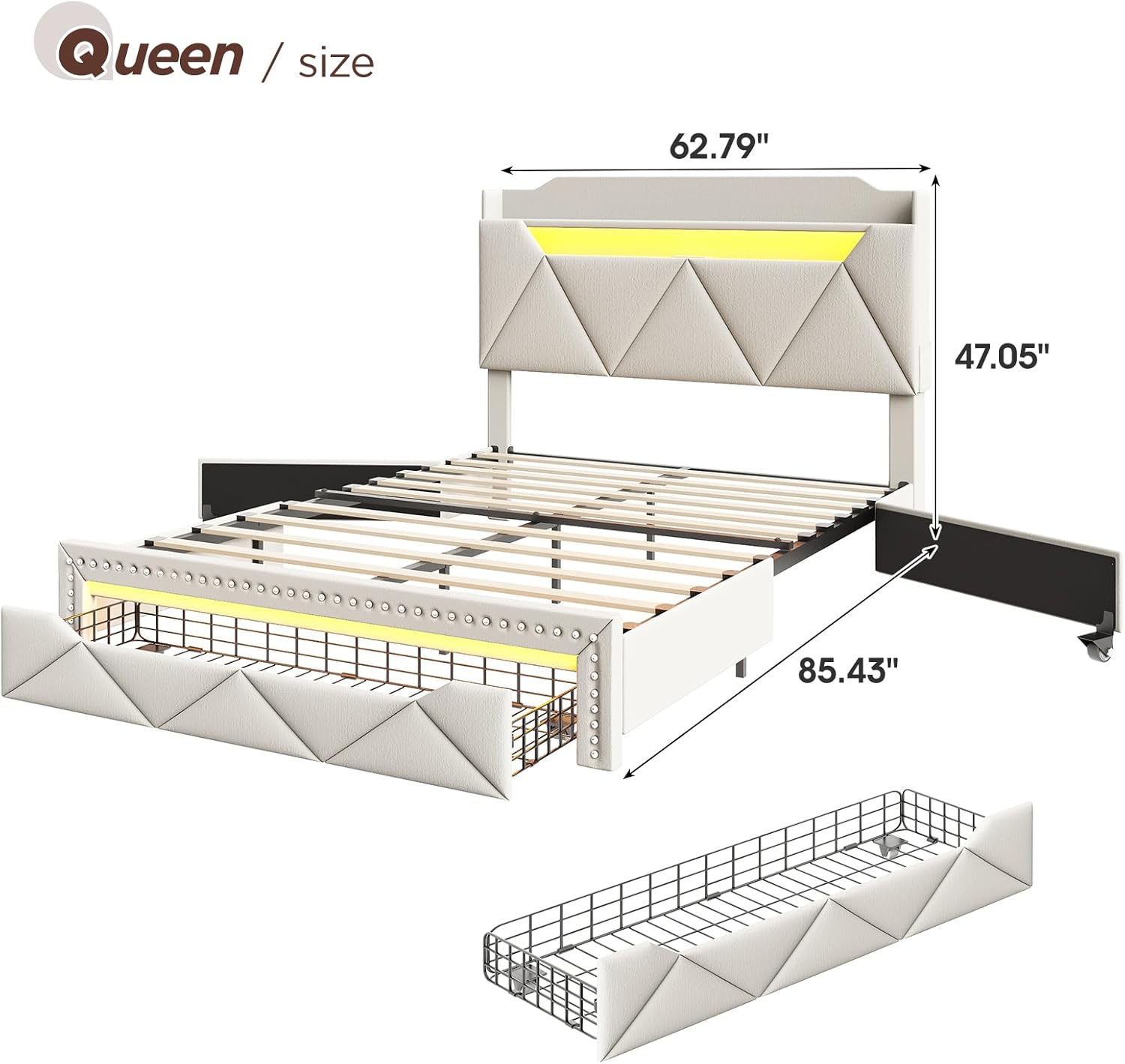Vabches Queen Size Bed Frame with XL Drawer and Storage Headboard, Upholstered Platform Bed with LED Lights and Charging Station, Large Under Bed Space with Sliding Doors, No Box Spring Needed, White