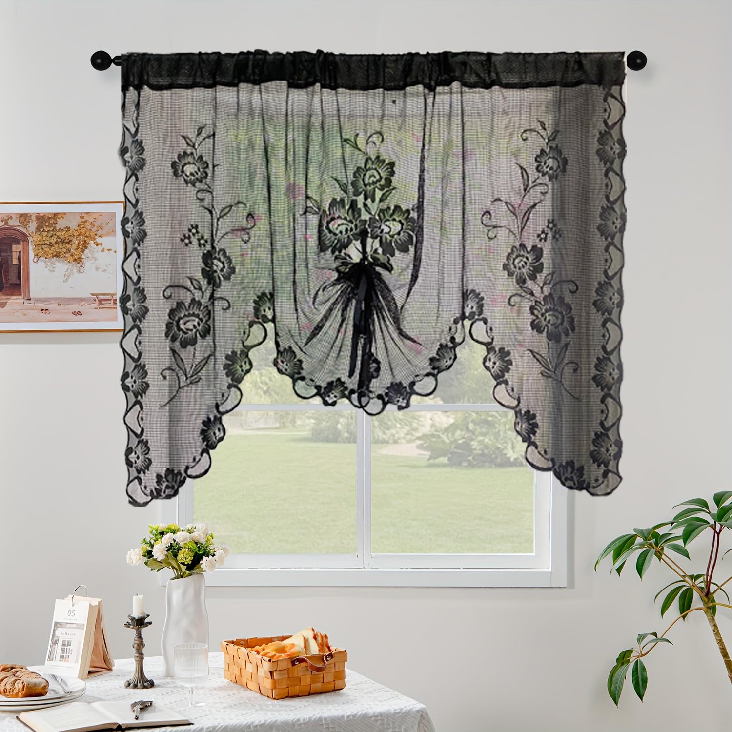 NewWPKIRA 1 Panel Black Floral Embroidery Sheer Lace Curtain Valance Princess Style Embroidered Waterfall Swag Curtain Valance Tier for Kitchen