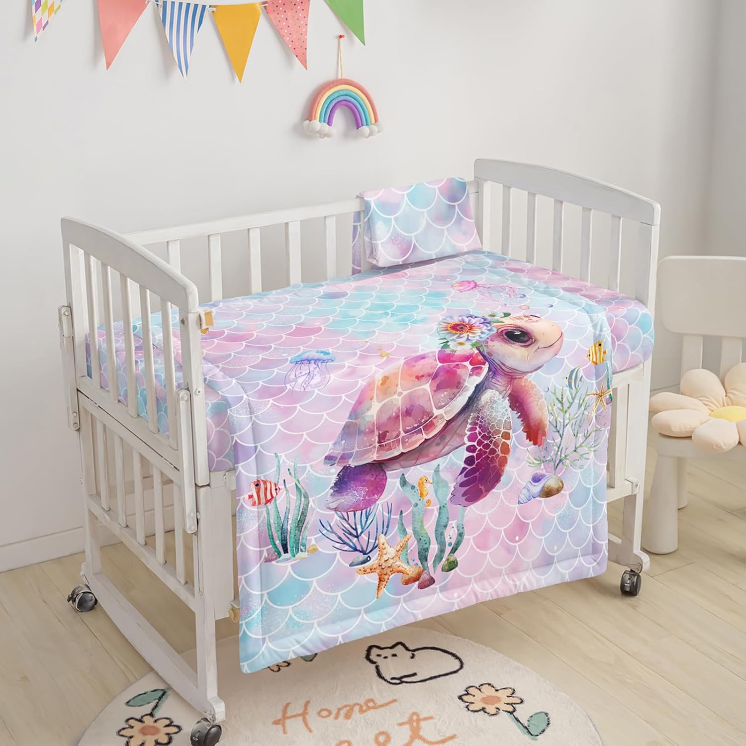 Axolotl Sea Turtle Quilt Set for Girls,3 Pieces Mermaid Scales Comforter Set Bedding Set,Including Quilt,Fitted Sheet & Bed Skirt,Girls Bedding Set,Rainbow