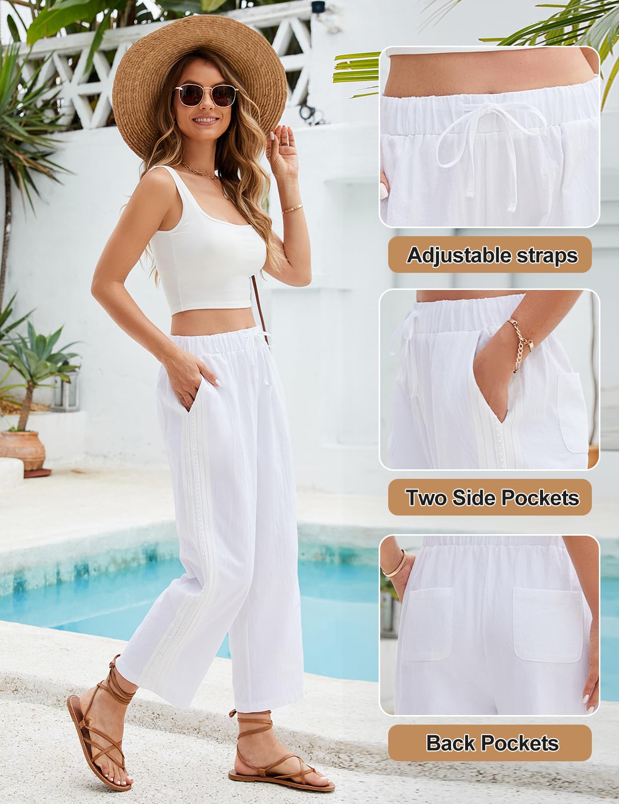 Pantaloni Donna Estivi Cotone 7/8 Pantaloni Larghi Allentati Vita Alta Estate Leggeri Comodi Pantaloni Spiaggia Casual con Coulisse Pantaloni Eleganti Motivo Laterale con Tasche