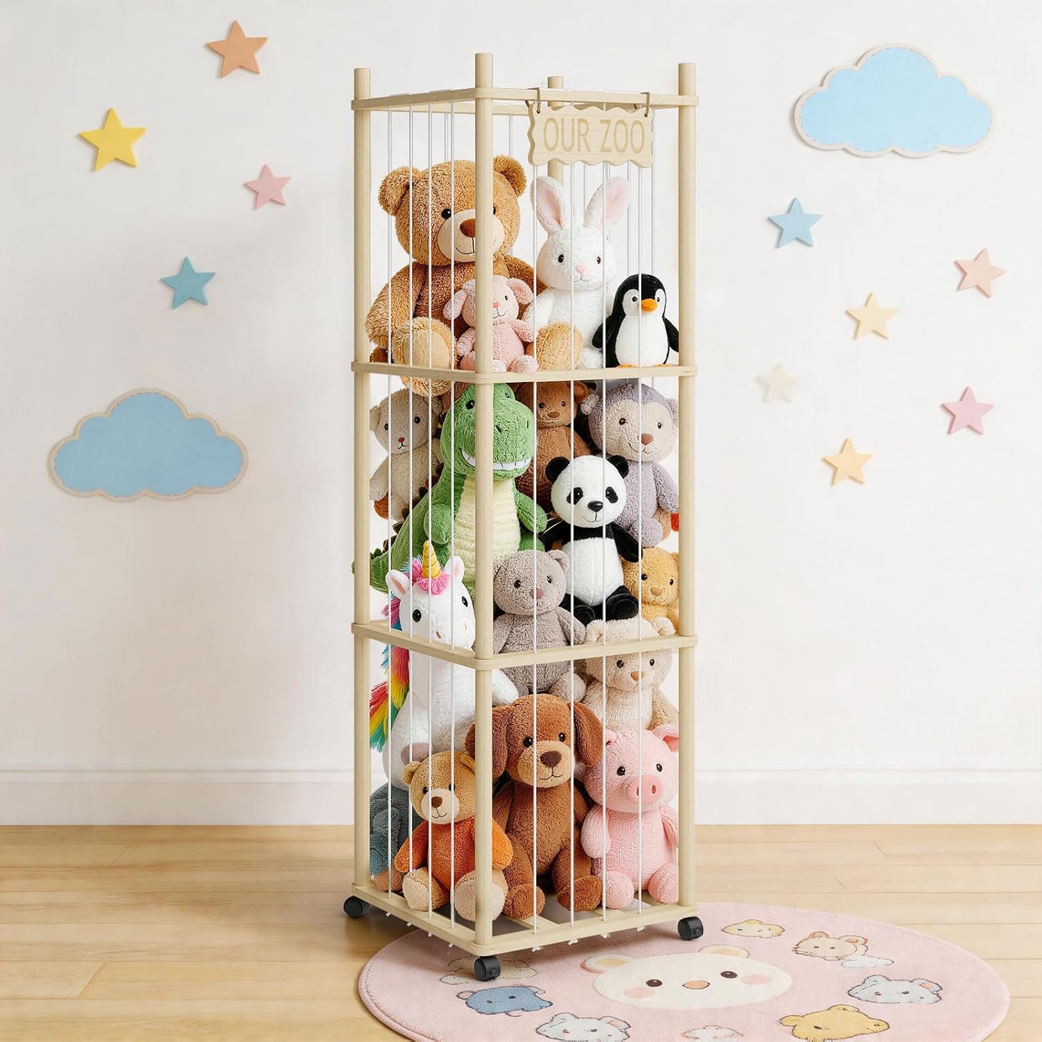 54" Large Stuffed Animal Storage Holder with Wheels, Wooden Toy Stuffed Animal Organizer, Large Plushies Storage with Elastic Bands