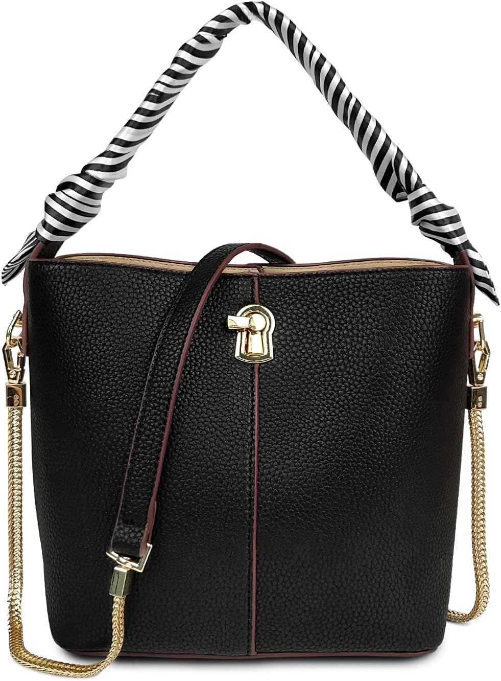 Vintage Leather Bucket Handbags for Women Small Tote Shoulder Bag Hobo Bag Bucket Purses 2 Pieces Sets with silk