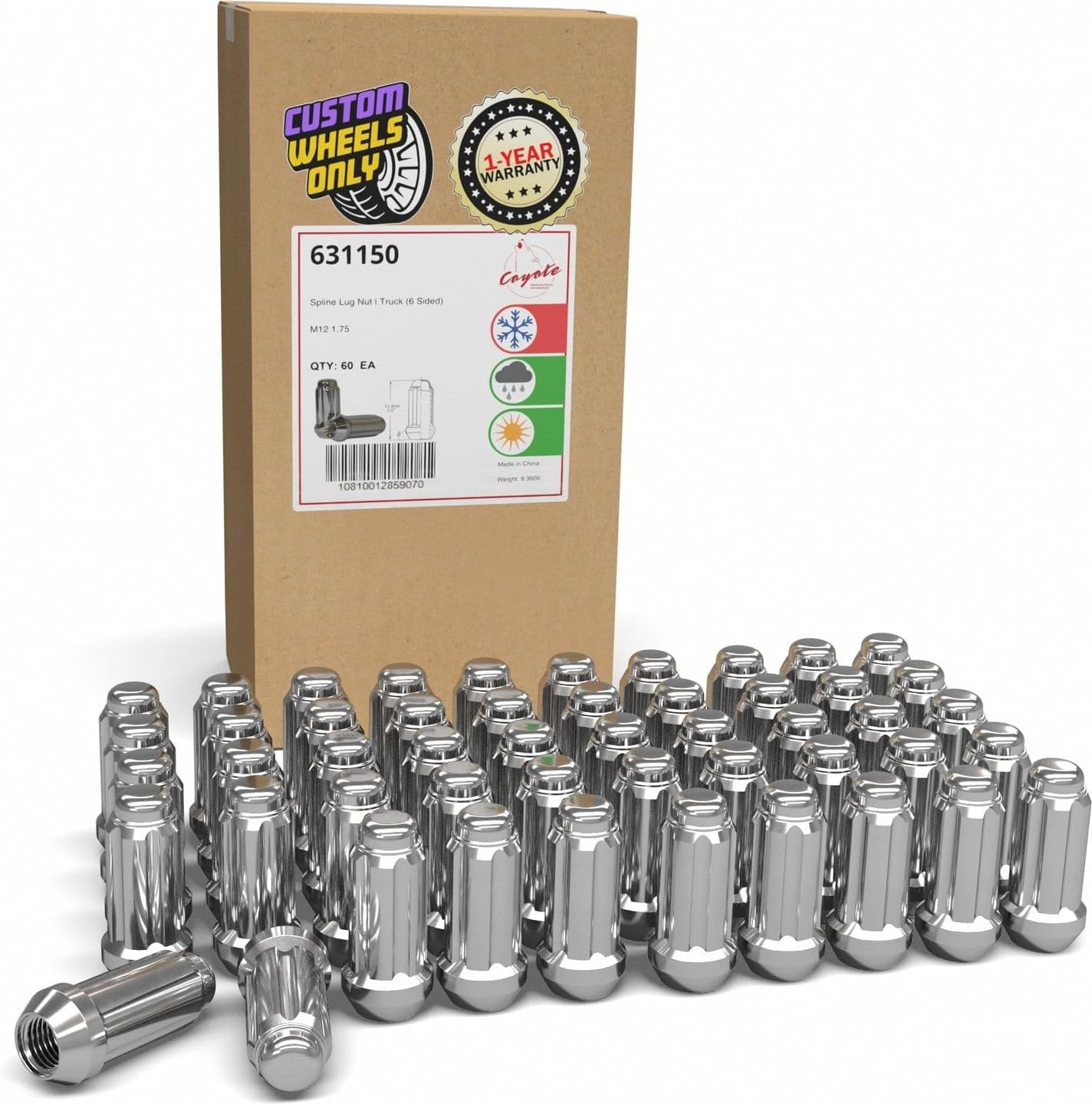 Wheel Accessories Parts 60 Pcs M12x1.75 12x1.75 Thread Truck 2.00" Long Spline Lug Nuts Chrome 6 Spline Fits 1997 to 1999 Ford F150 Expedition 1998 to 1999 Lincoln Navigator