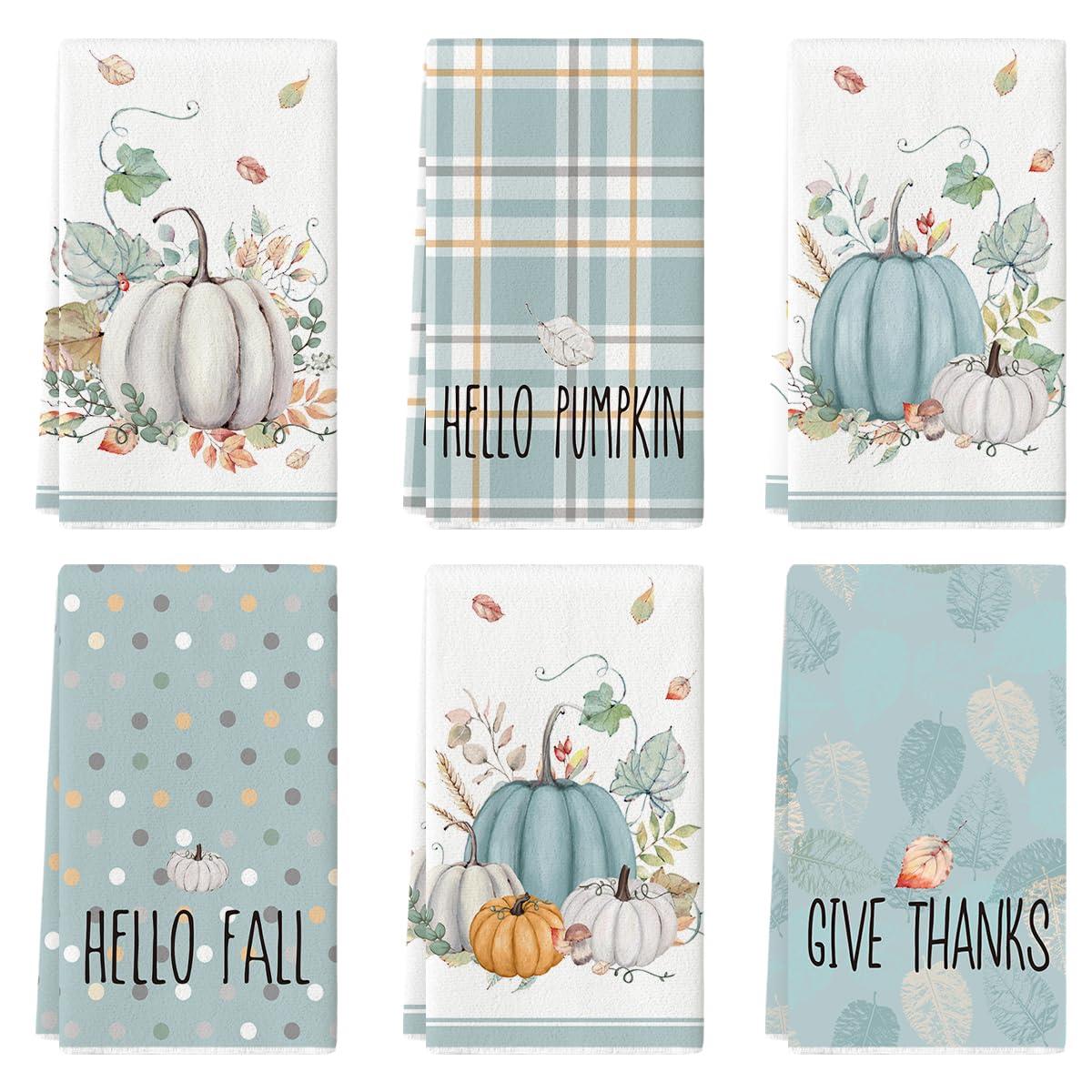 Artoid Mode Blue Watercolor Stripes Hello Pumpkin Fall Kitchen Towels Dish Towels, 18x26 Inch Seasonal Leaves Decoration Hand Towels Set of 6