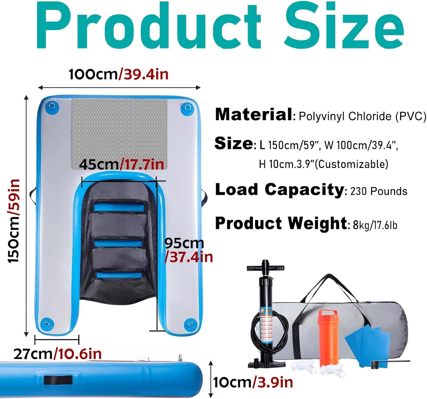 ERRULAN 60×40" Dog Pool Ramp for Dogs Up to 230 LBS, Inflatable Dog Water Plank, Non-Slip EVA Floating Dock Dogs Boat Ladder for Pools, Boats, Docks, Sea and Lake(Red)