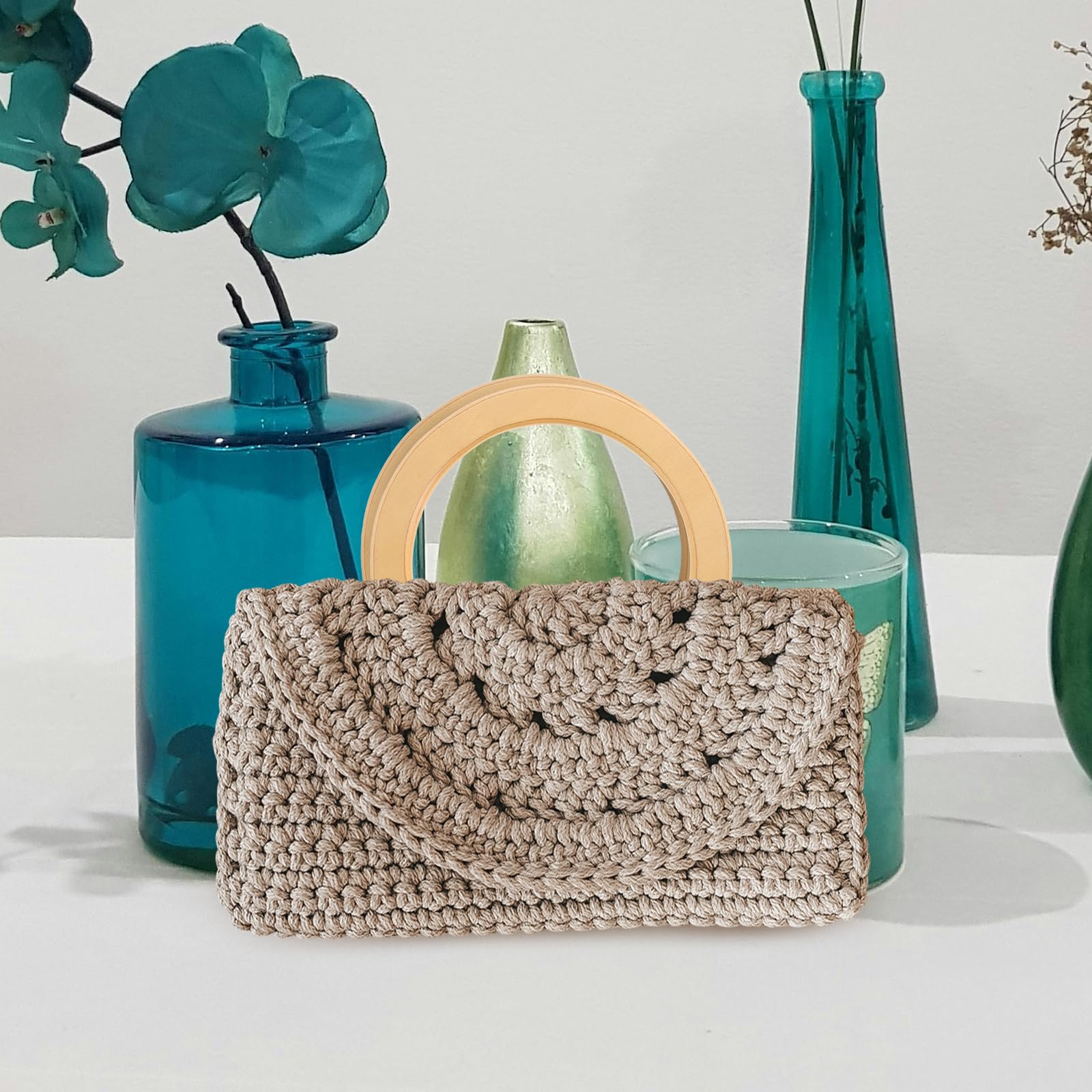 Asas Redondas de Madera Beige para Bolsos, 6 Piezas | Bolso de Playa y Bolso de Mano, Acabado Pulido, Agarre Cómodo, Estilo Natural Vintage