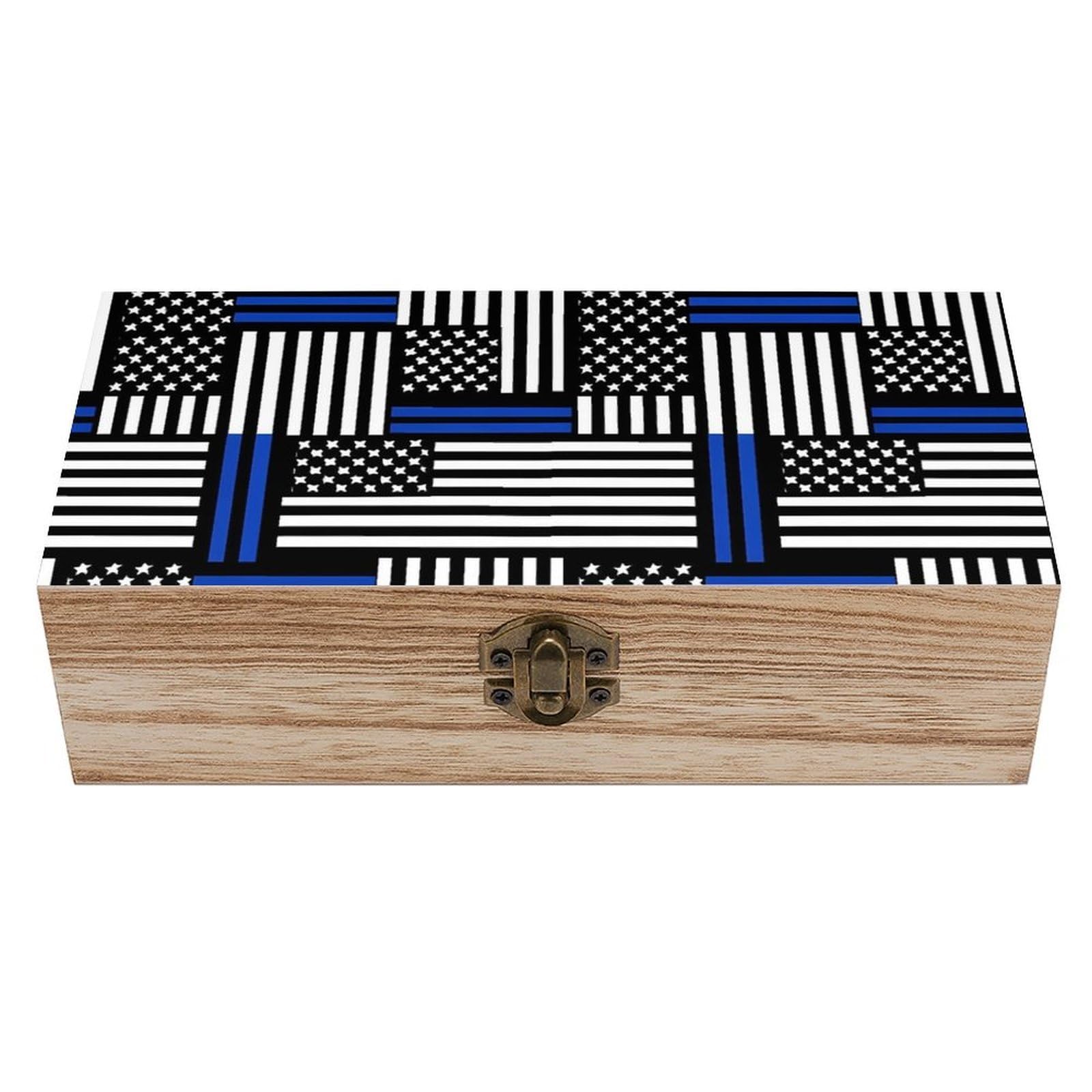 HLBSDM American Thin Blue Line Flag Wooden Storage Box