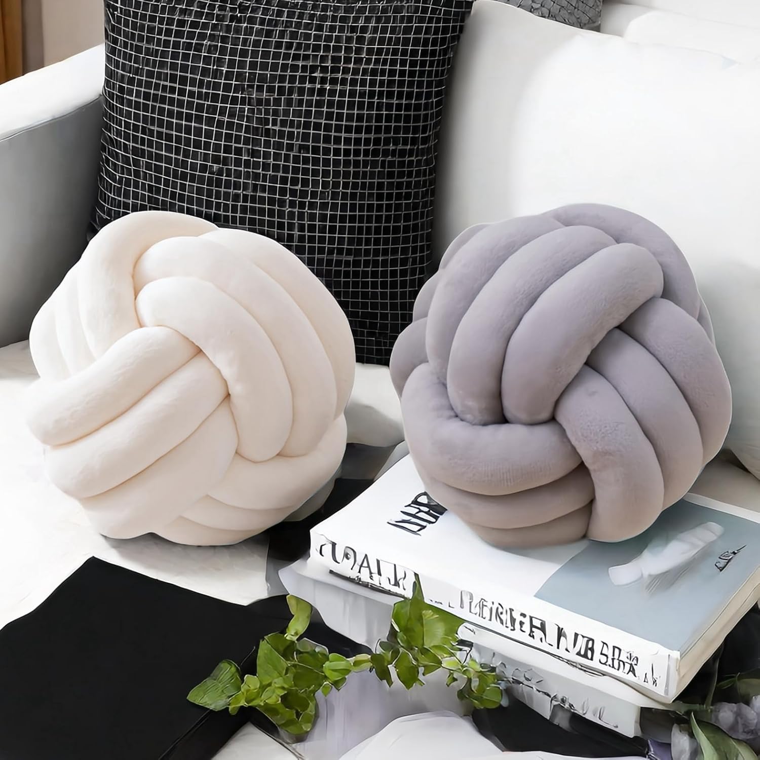 2 almohadas de nudo, hechas a mano, de felpa, redondas, decorativas, estéticas, para decoración de habitación, cojines de suelo para niñas, dormitorio, cama, sofá, 20 cm
