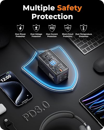 Miniatura 6 de LENCENT Cargador USB C de 65 W, estación de carga USB 7 en 1 GaN con 4 cargadores USB (2 USB C) para teléfono, tabletas, iPad, MacBook, cable de