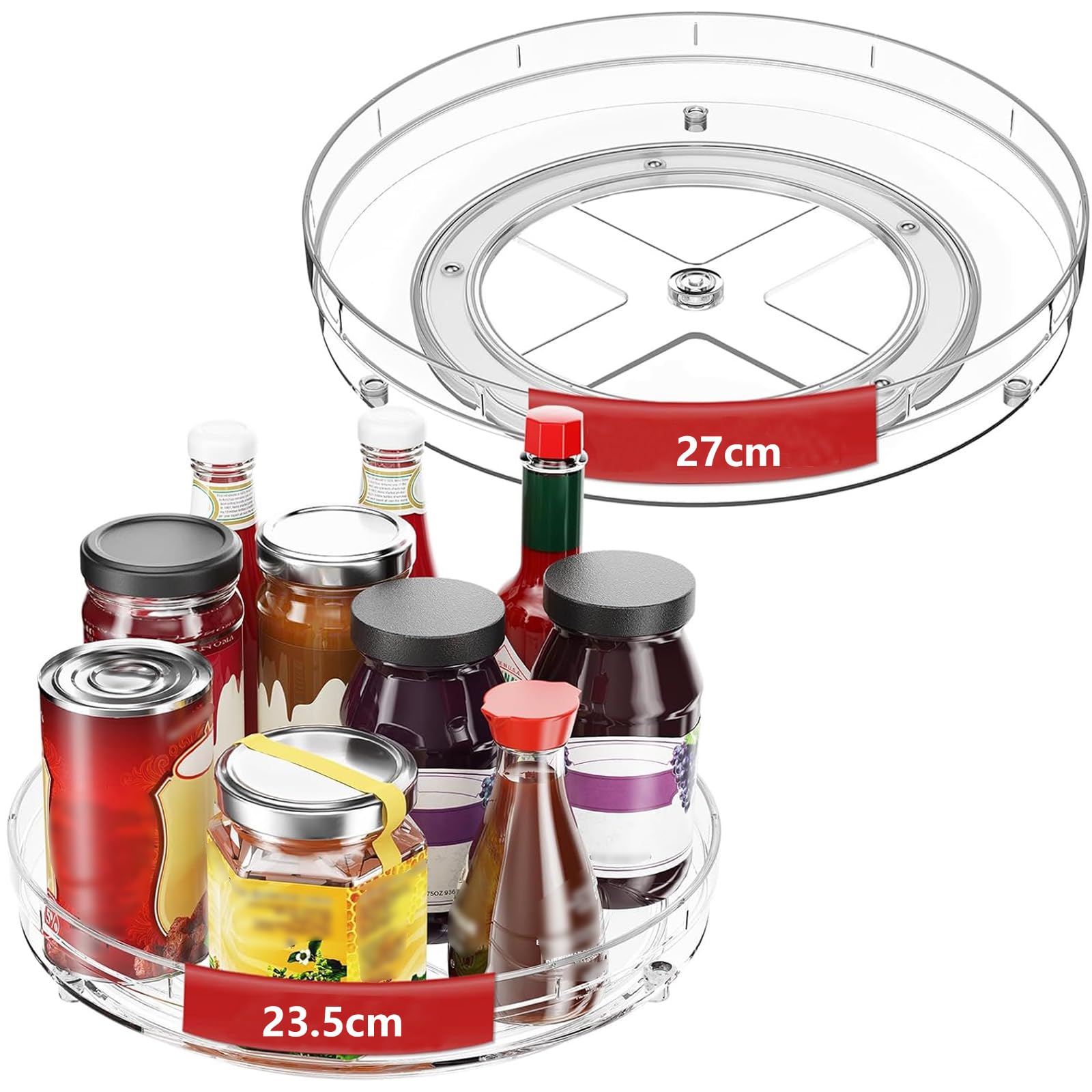 Houbobo 2 Pack Lazy Susan Turntable Cupboard Organiser, Clear Fridge Turntable Organiser, Rotating Spice Rack For Kitchen, Fridge, Makeup Table, Bathroom Countertop, Spice Rack, 2 Sizes Included 27Cm, 23.5Cm