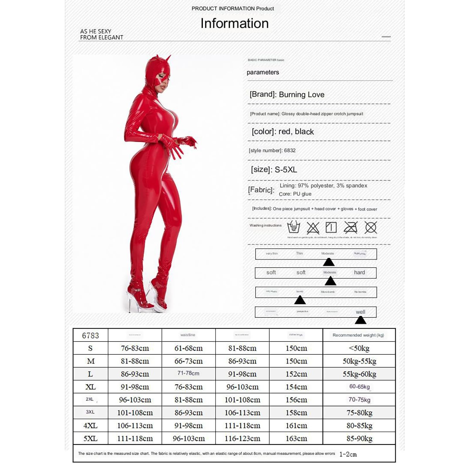 Trajes de cuerpo de látex for mujer, Body de mujer Catsuit de cuero de PVC brillante Cuerpo completo Sexy Látex Mono con cremallera ajustada Goma