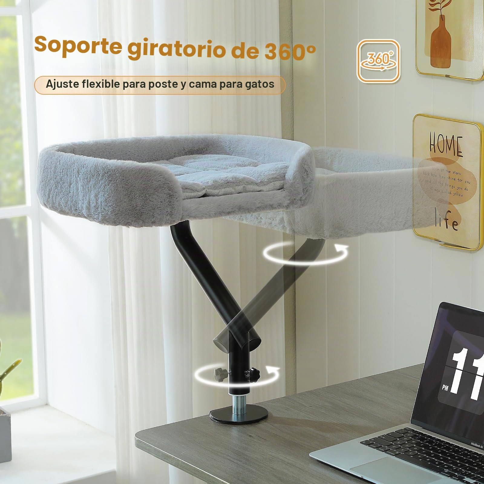 PAWZ Road Cama para Gatos de Escritorio con Pelota de Peluche interactiva, Cesta para Gatos, Soporte Giratorio 360°, Hamaca para con rascador, Cama para, soporta hasta 22,5 kg, Gris | Con pelota de peluche interactiva, cesta para gatos, hamaca para gatos,