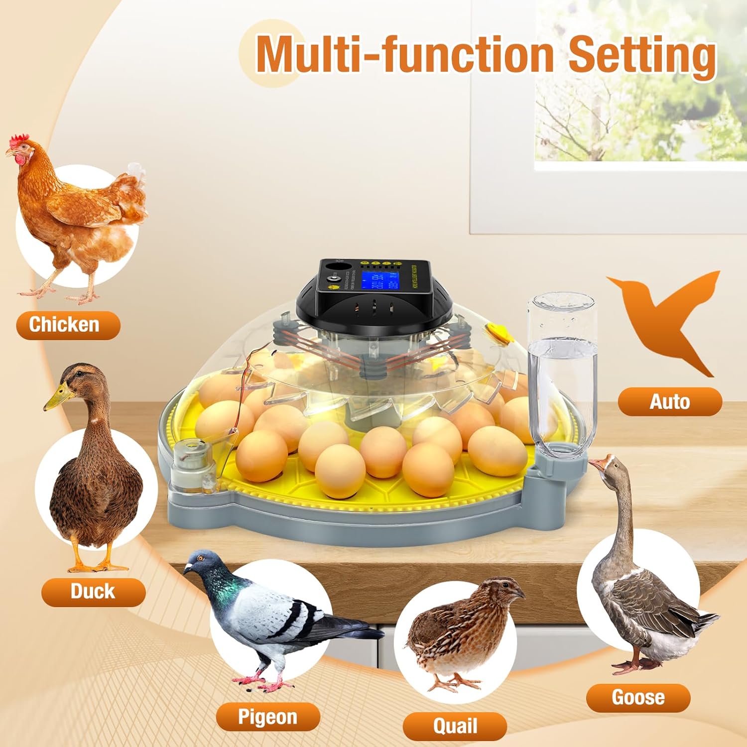 24 Eggs Incubator with Temperature and Humidity Display, Automatic Egg Turning, Automatic Water Bottle Refill, Air Vent, 4 Modes 360° View Incubator, Hatching Chicken Duck Quail Bird