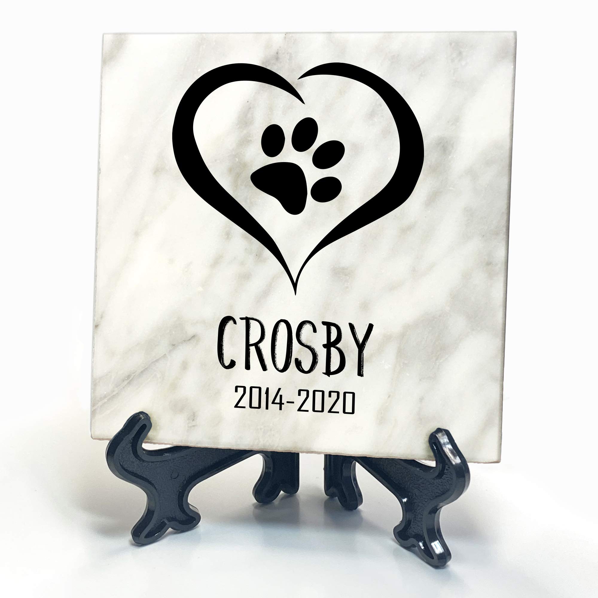 TULLUN Personalised Memorial White Marble Stone Plaque + Stand For Pet Cat Dog Frame Paw Grave Marker - Size |4" x 4" or 10 x 10 cm|- Heart