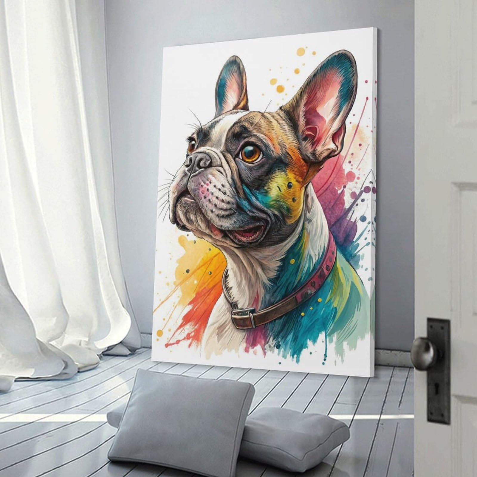 Junmoney Wall Decor Canvas Print Colorful French Bulldog Portrait, 20x30inch(50x75cm), for Study, Office Or Focused Interiors, Wall Art That Adds Style to Work Areas