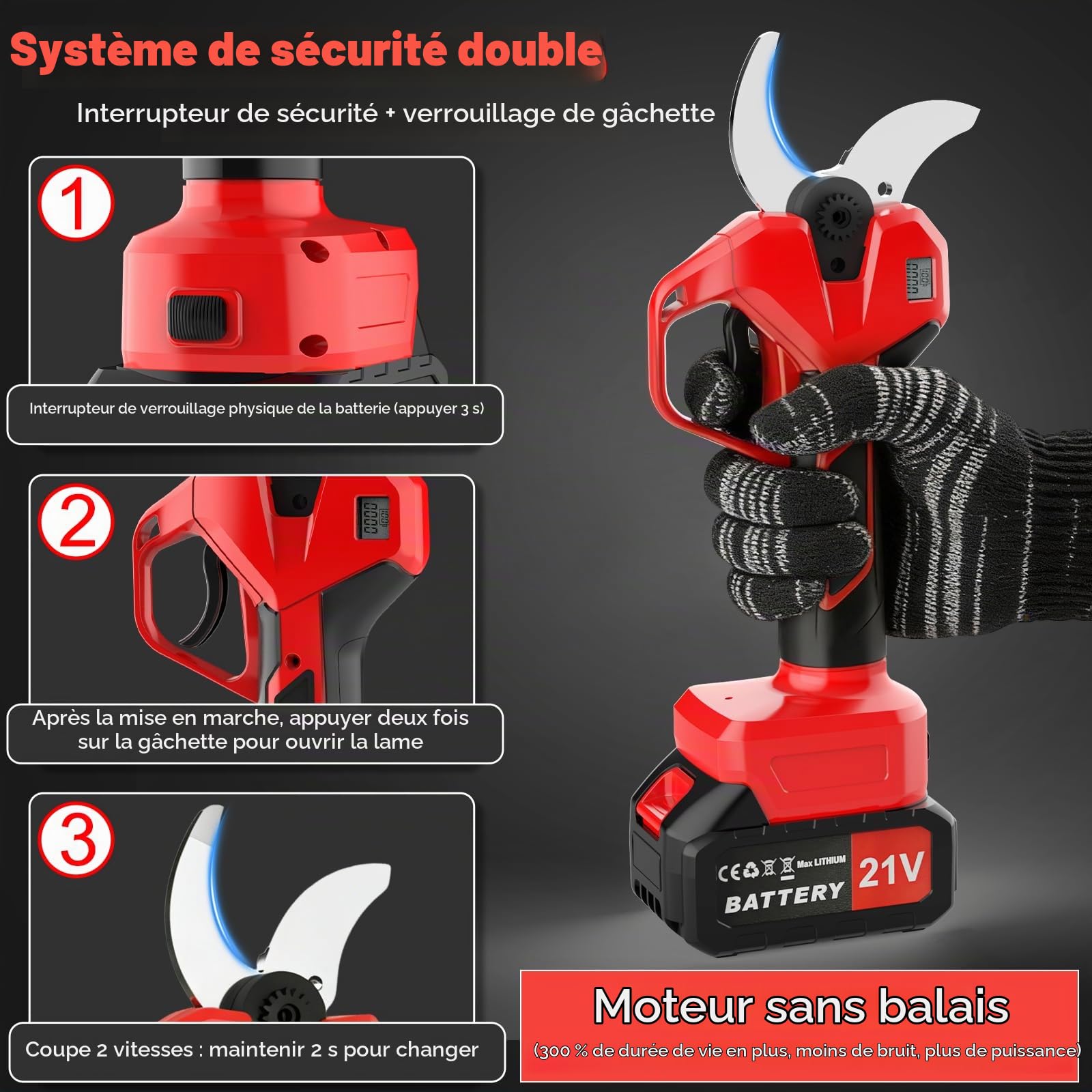 Sécateur Électrique 50mm 730W Brushless 2x 4000mAh