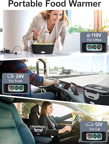 Miniatura 7 de Lonchera térmica, lonchera eléctrica de 80 W con contenedor de doble compartimento y tapa, calentador de alimentos de 12 V24 V110 V con utensilios y