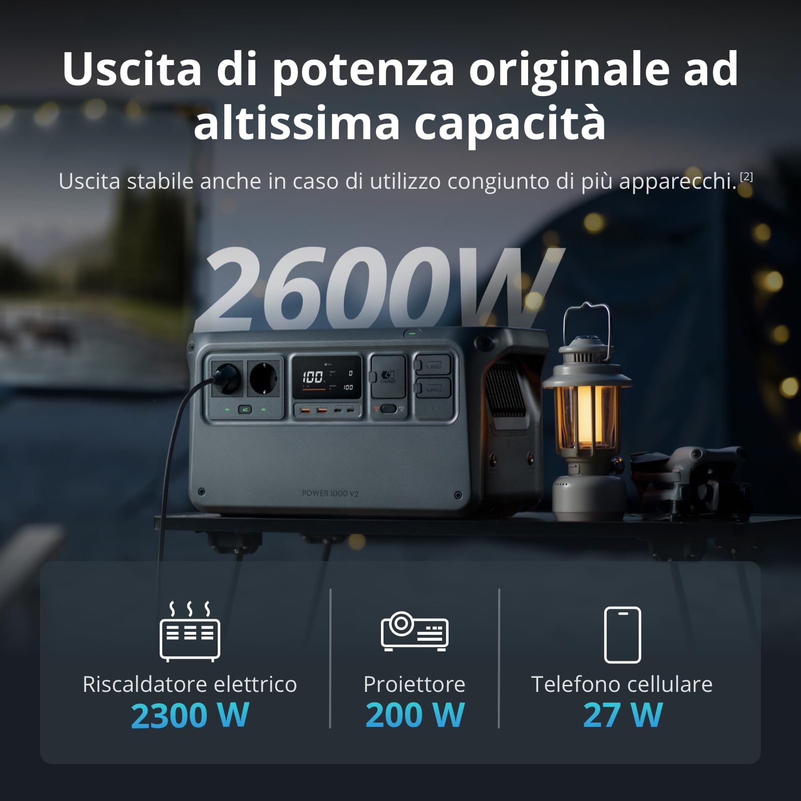 DJI Power 1000 V2 Power Station portatile 1024Wh, 2600 W Power Station Solare, batteria LiFePO4, ricarica rapida in 37 minuti dallo 0% all'80%, generatore elettrico per campeggio (spina inclusa)