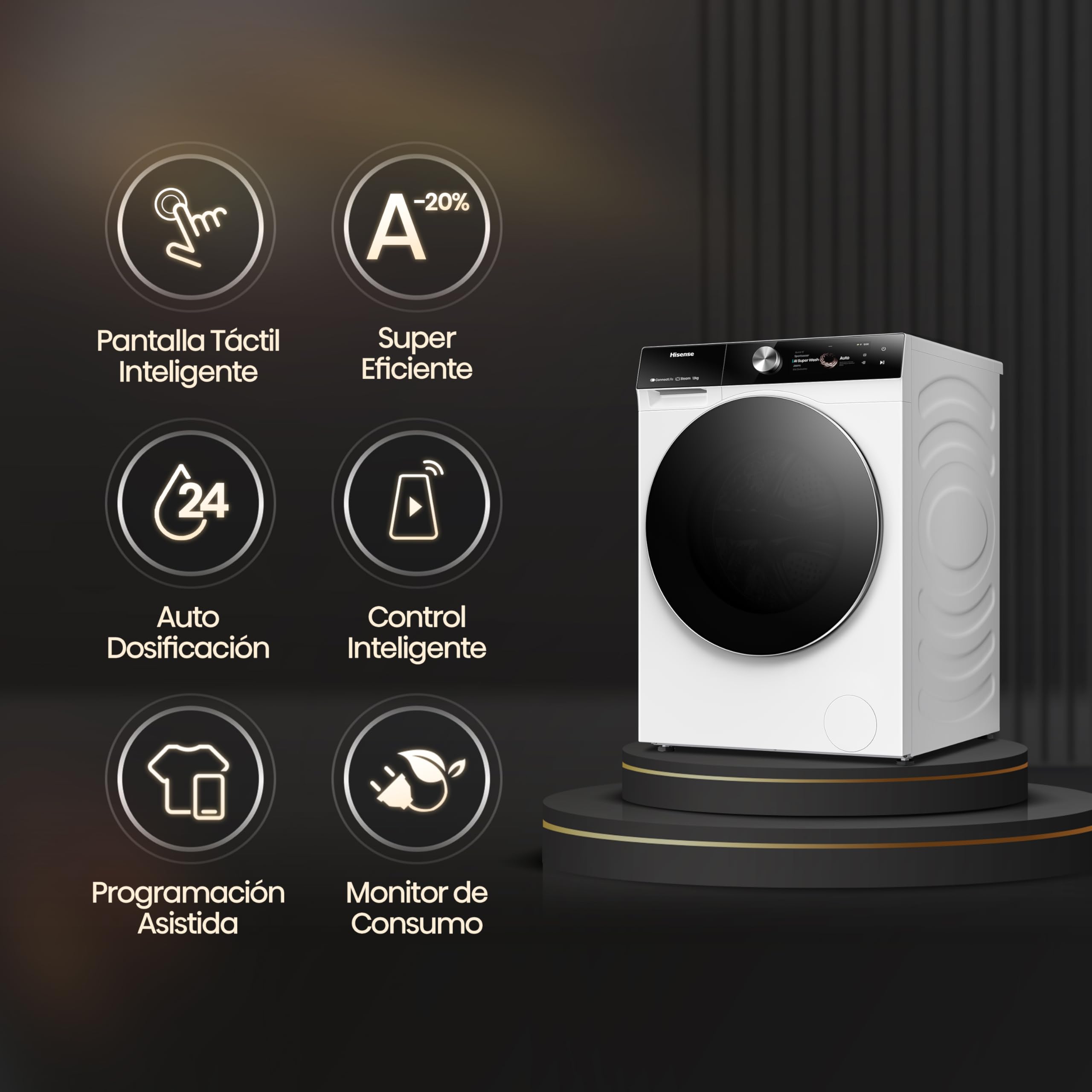 Hisense WF7S1247BW - Lavadora, Clase A, 12 Kg, Pantalla Táctil, Auto Dosificación, Conectividad WiFi, Monitor de Consumo, Lavado Rápido 15', Finalización Diferida, Blanco