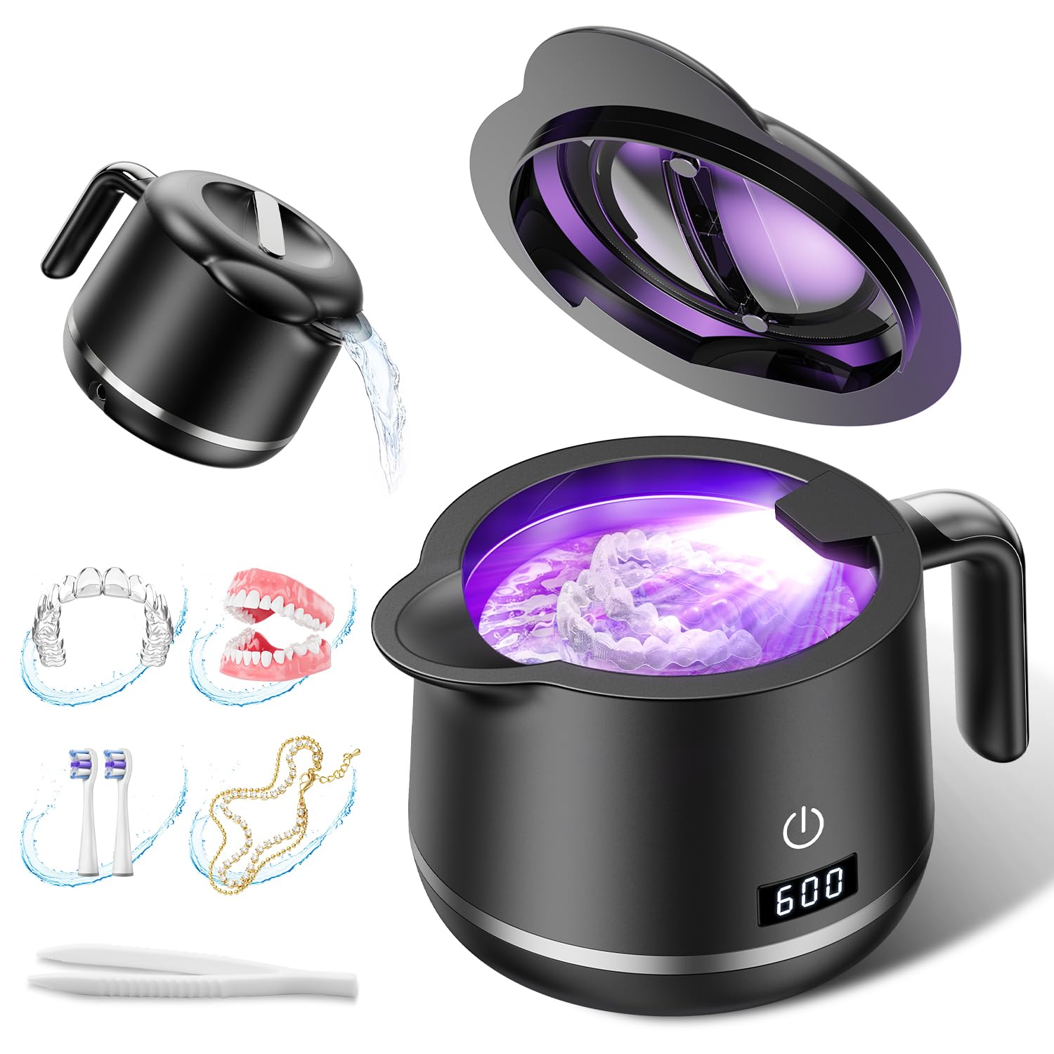 Ultrasonic Retainer Cleaner Machine - 45kHz Ultrasonic Jewelry Cleaner - 200ML Mouth Guard & Denture Cleaner Pod - 5 Modes with Digital Timer - Upgrade Water Bottle Design,Bright Black